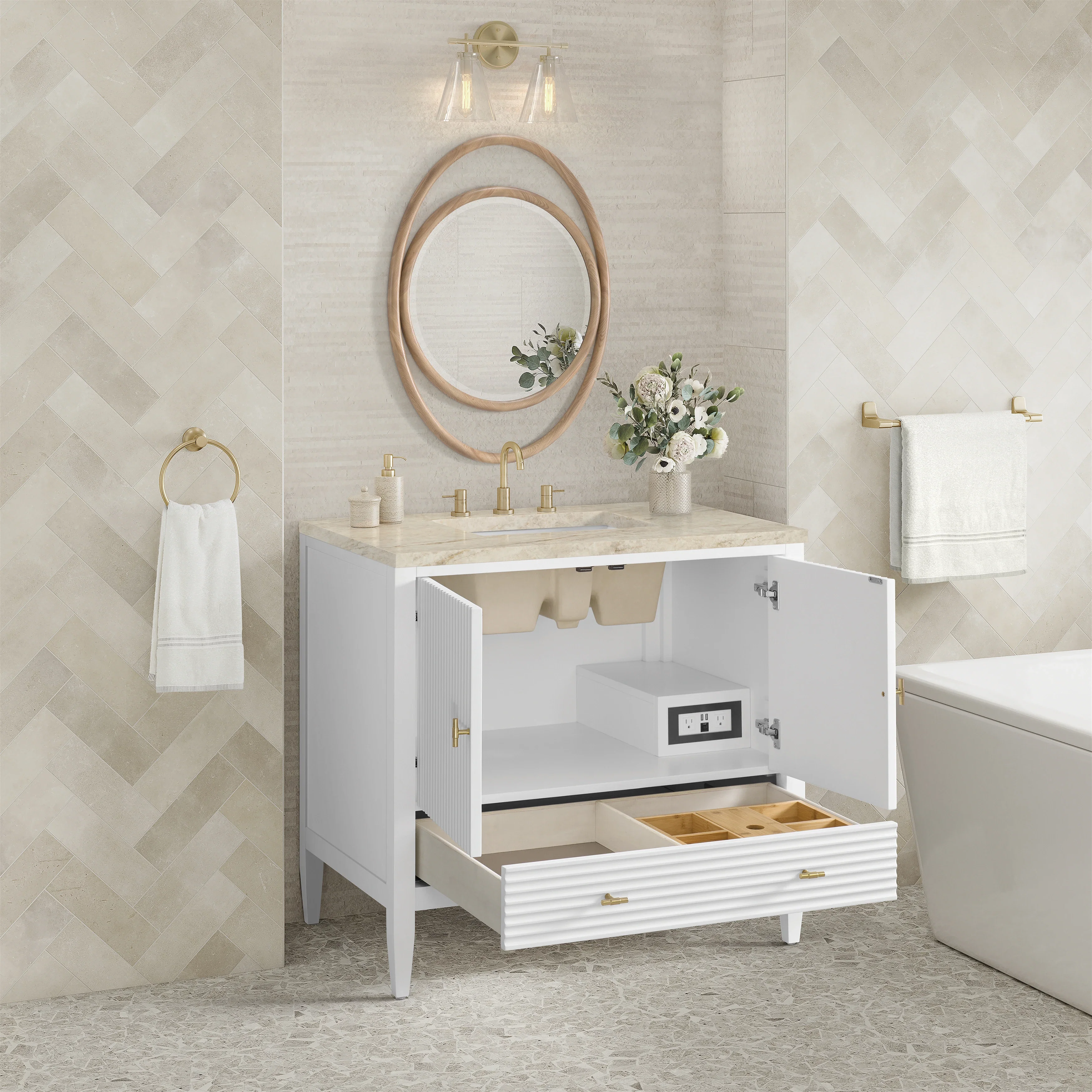 Myrrin 36" Vanity, Bright White, w/ 3 CM Tajnar Eclos Top