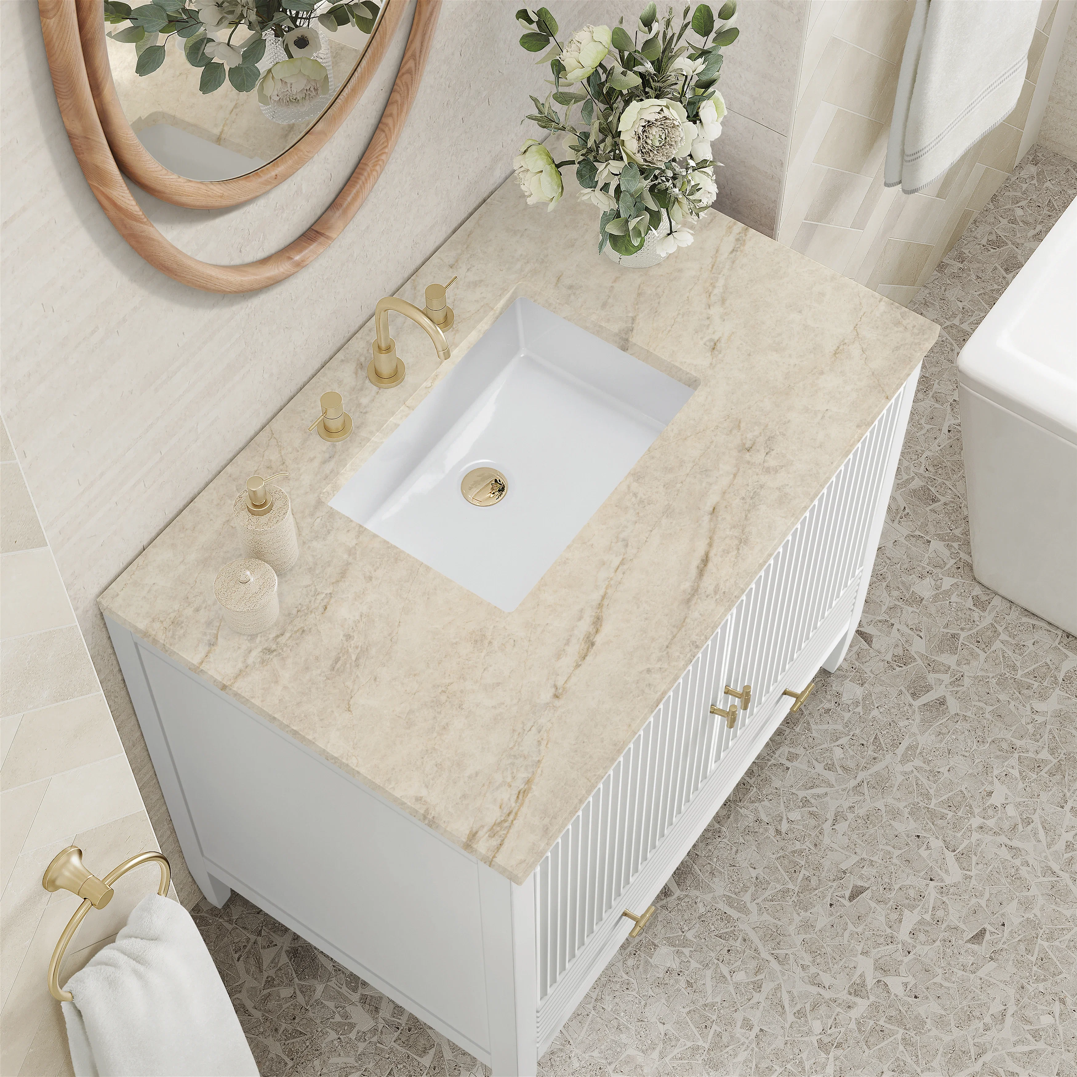 Myrrin 36" Vanity, Bright White, w/ 3 CM Tajnar Eclos Top