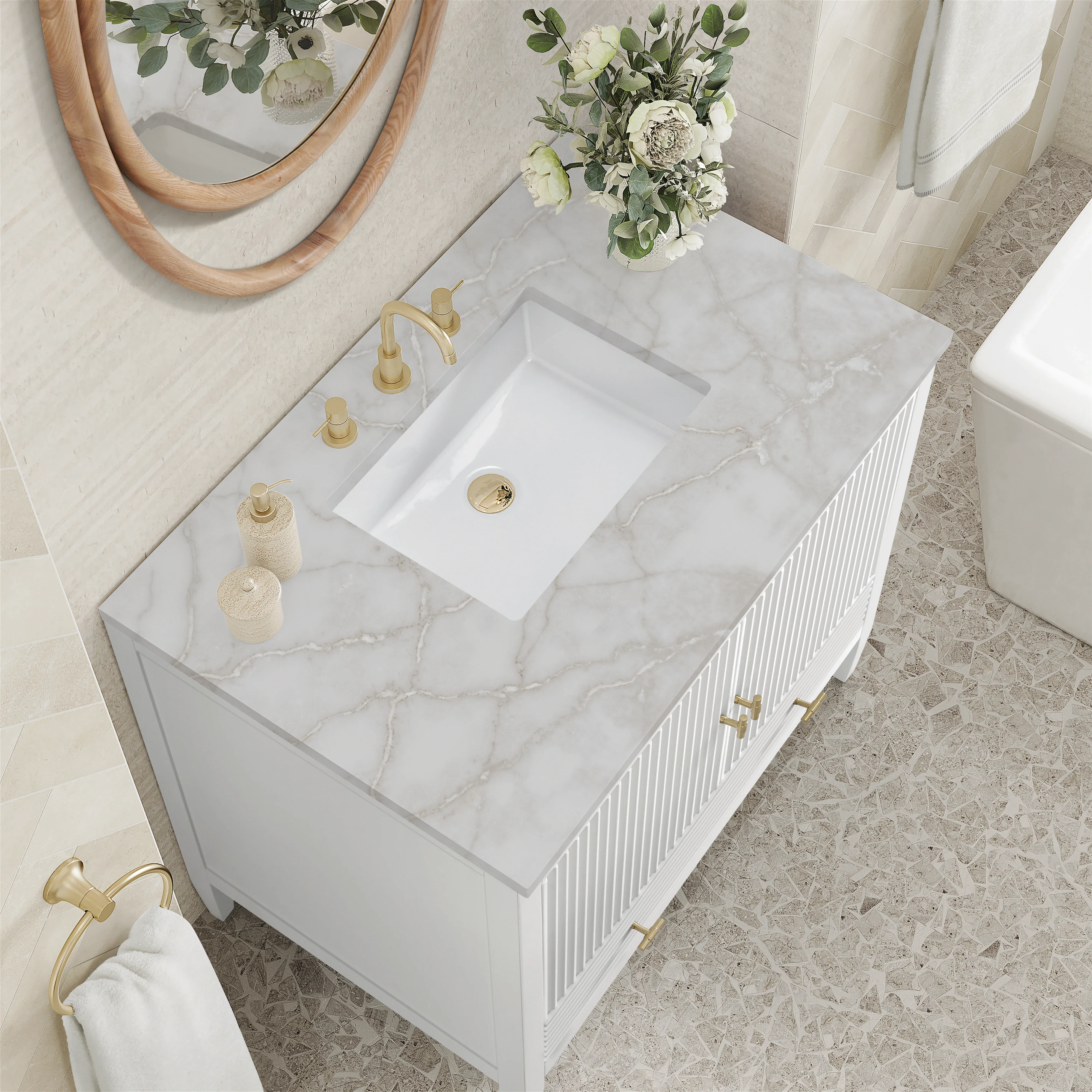 Myrrin 36" Vanity, Bright White w/ 3 CM Victorian Silver Silestone Top