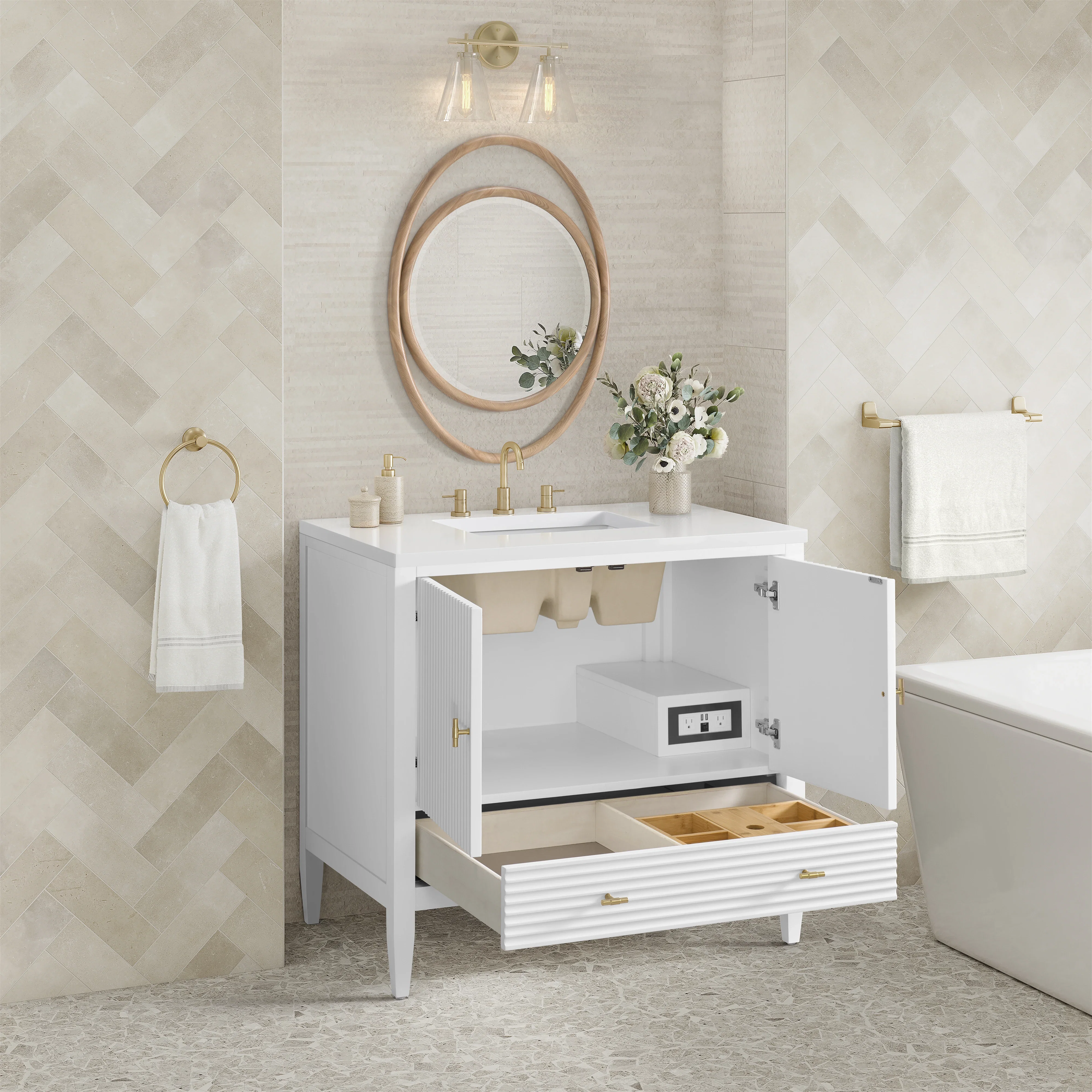 Myrrin 36" Vanity, Bright White w/ 3 CM White Zeus Silestone Top
