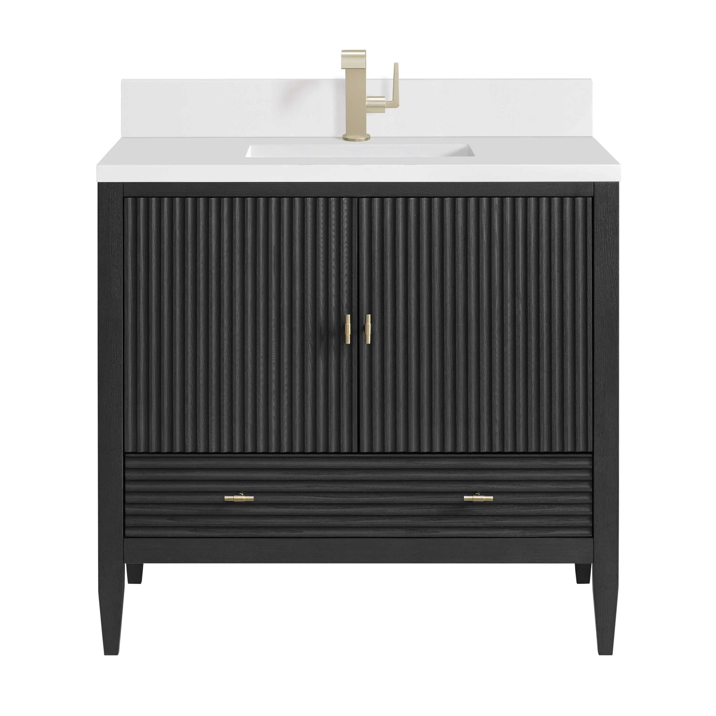 Myrrin 36" Vanity, Carbon Oak w/ Single Hole 3 CM White Zeus Silestone Top & Backsplash