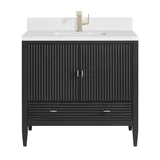 Myrrin 36" Vanity, Carbon Oak w/ Single Hole 3 CM White Zeus Silestone Top & Backsplash