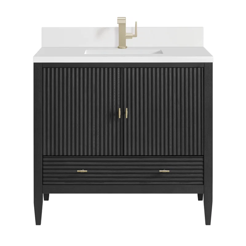 Myrrin 36" Vanity, Carbon Oak w/ Single Hole 3 CM White Zeus Silestone Top & Backsplash