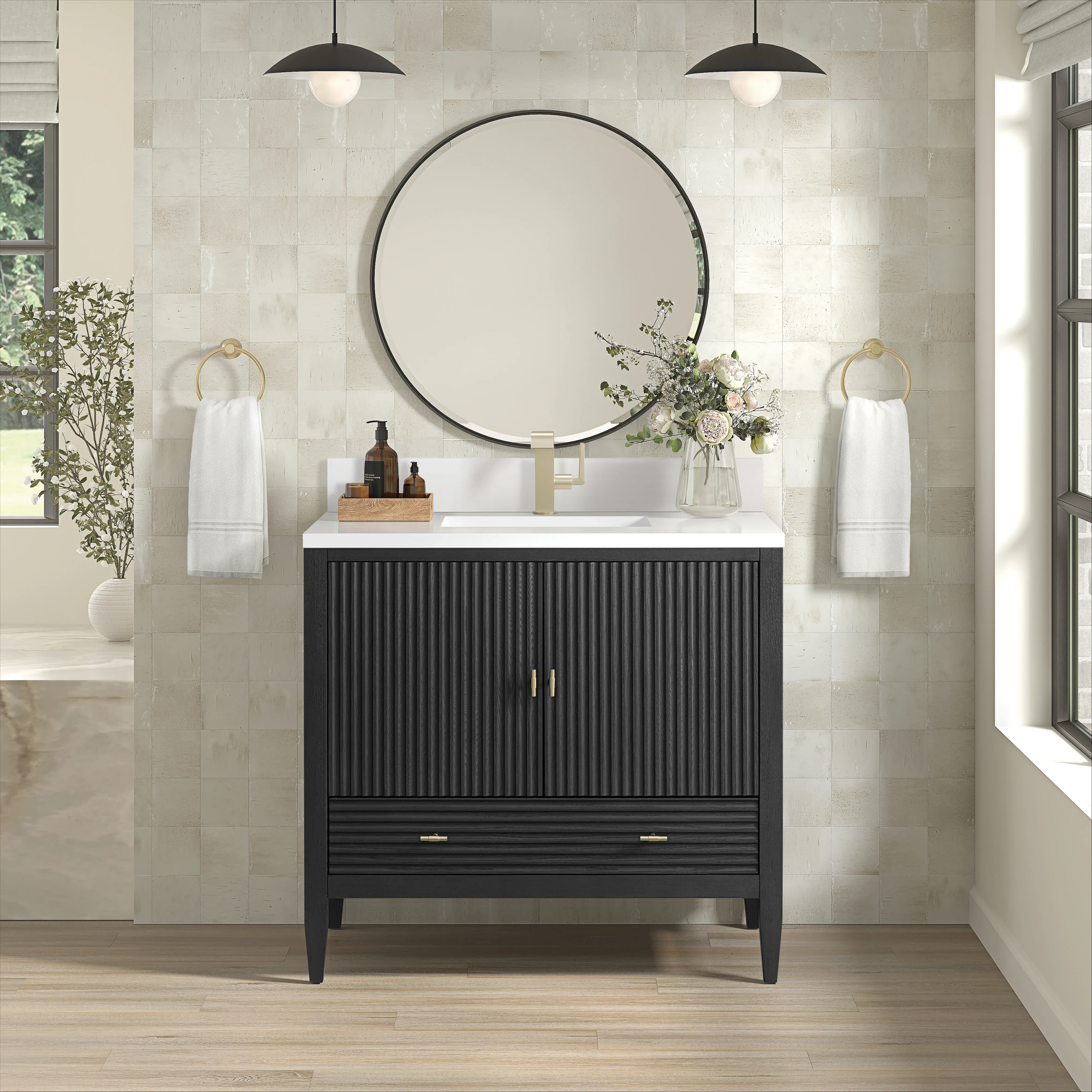 Myrrin 36" Vanity, Carbon Oak w/ Single Hole 3 CM White Zeus Silestone Top & Backsplash