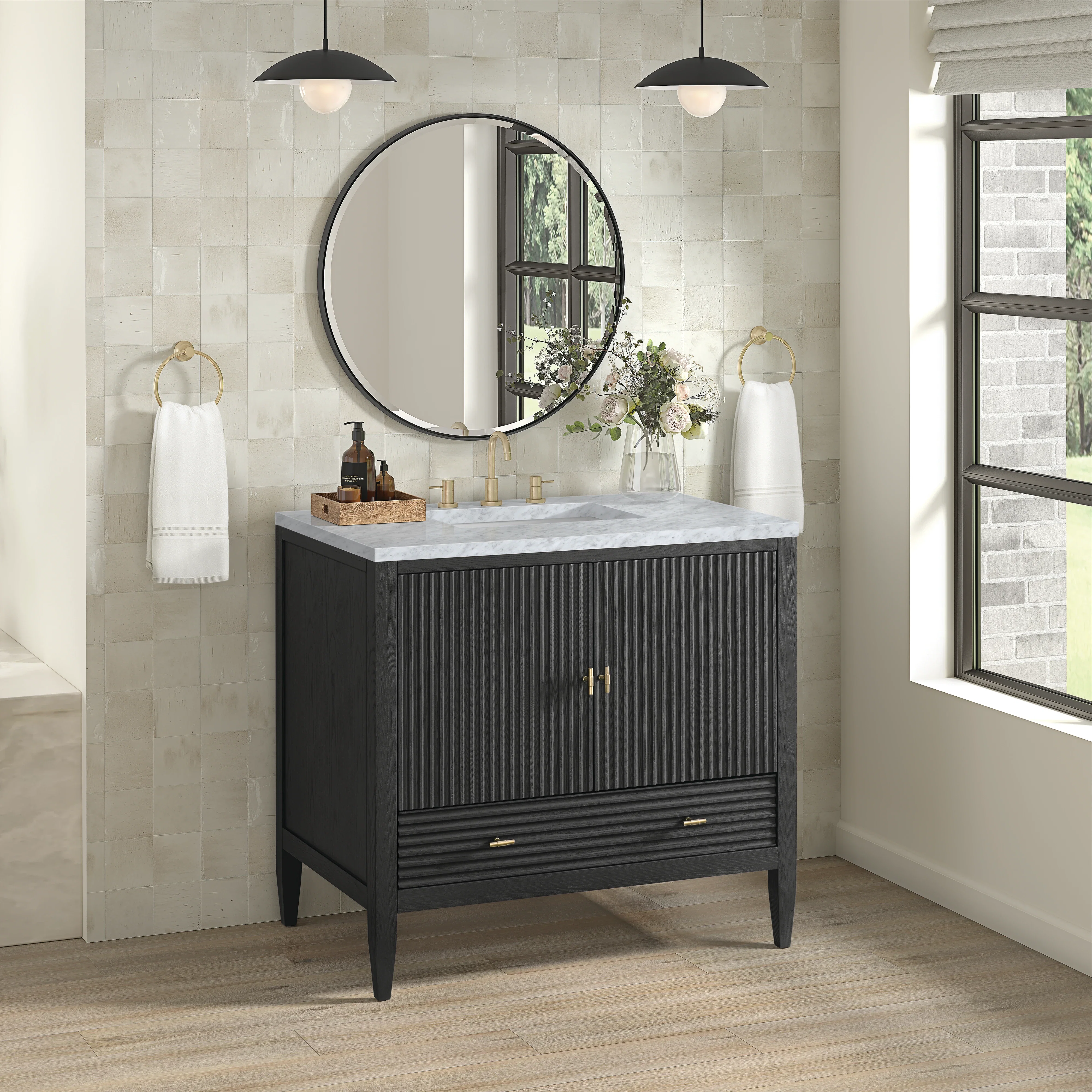 Myrrin 36" Vanity, Carbon Oak w/ 3 CM Carrara White Marble Top