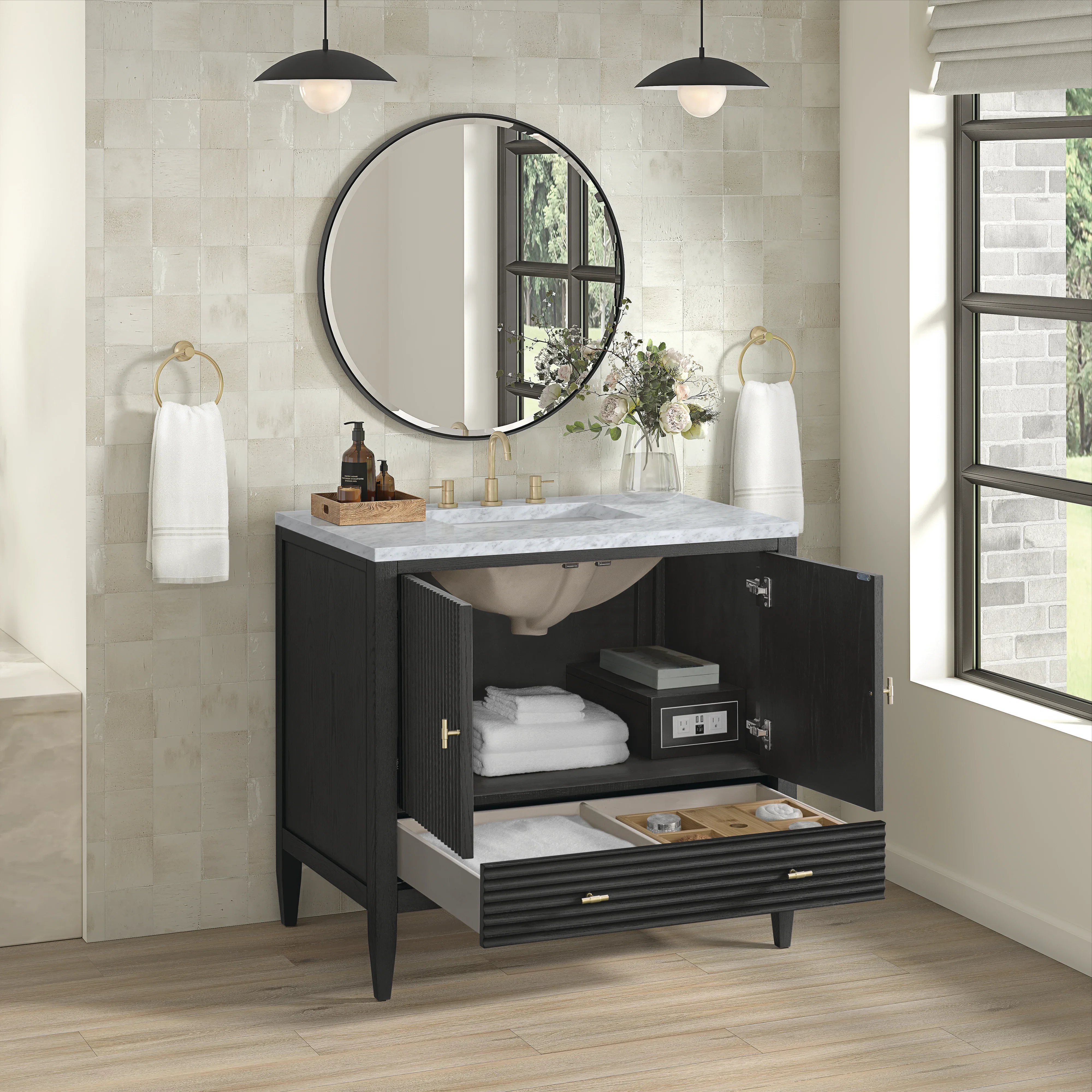 Myrrin 36" Vanity, Carbon Oak w/ 3 CM Carrara White Marble Top