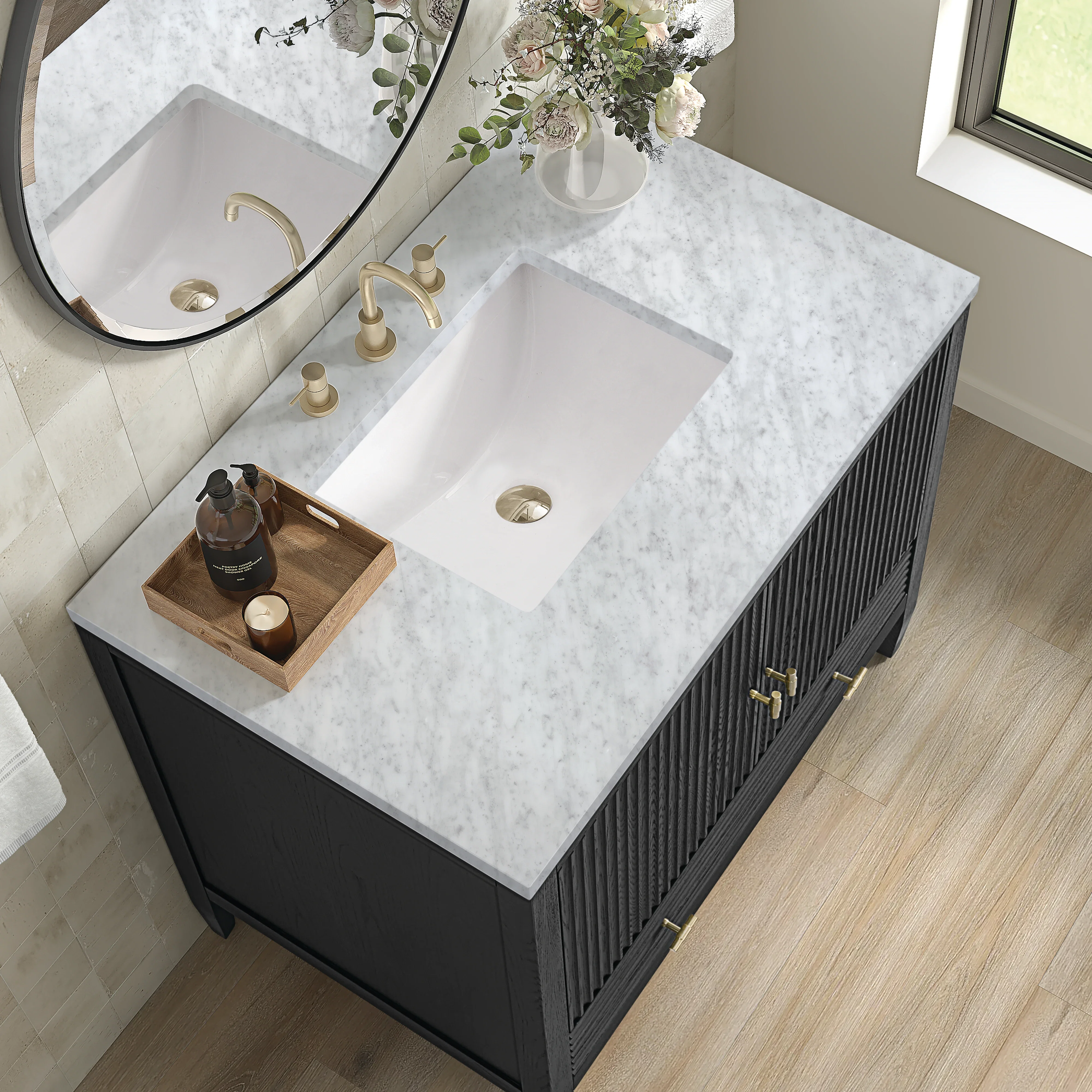 Myrrin 36" Vanity, Carbon Oak w/ 3 CM Carrara White Marble Top