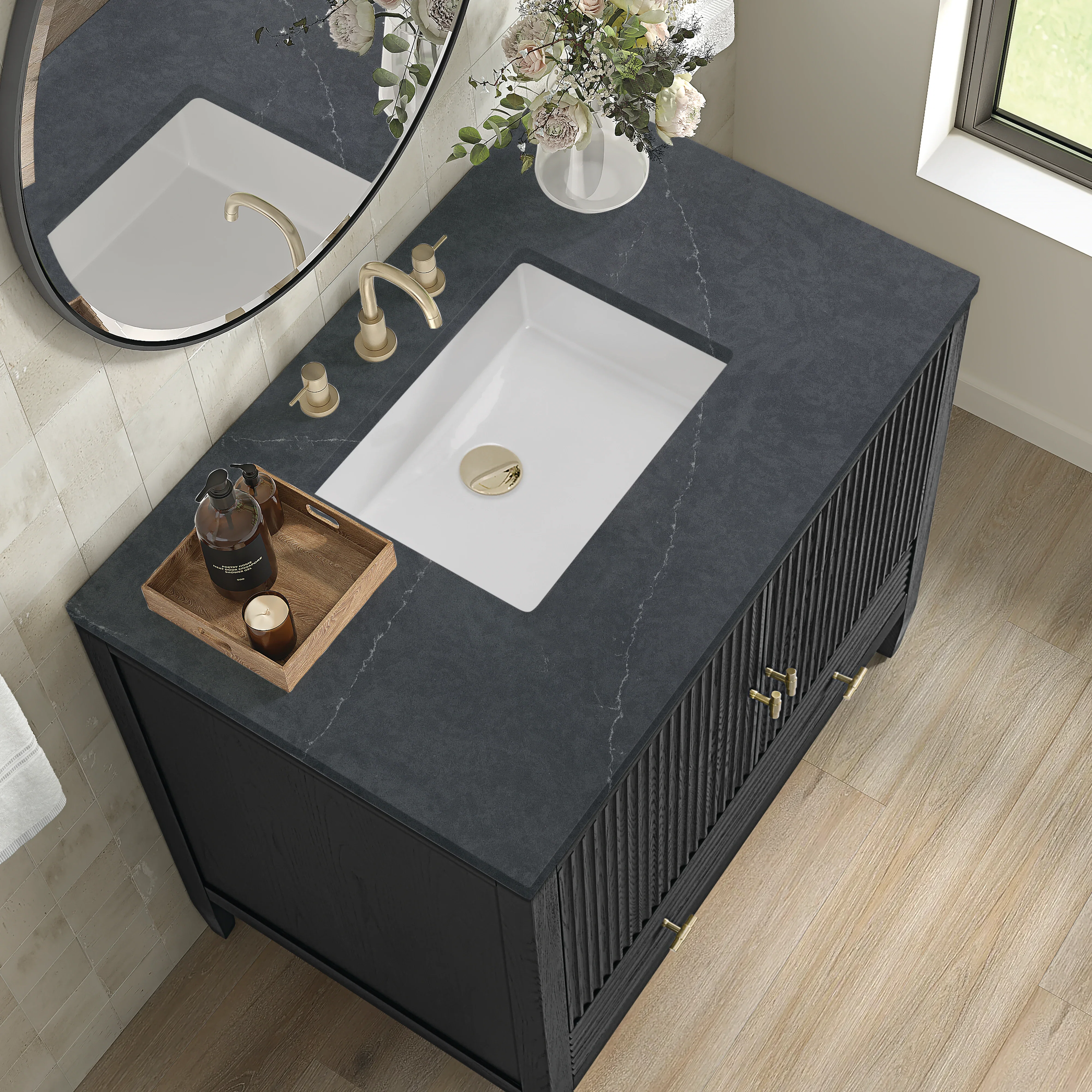 Myrrin 36" Vanity, Carbon Oak w/ 3 CM Charcoal Soapstone Silestone Top