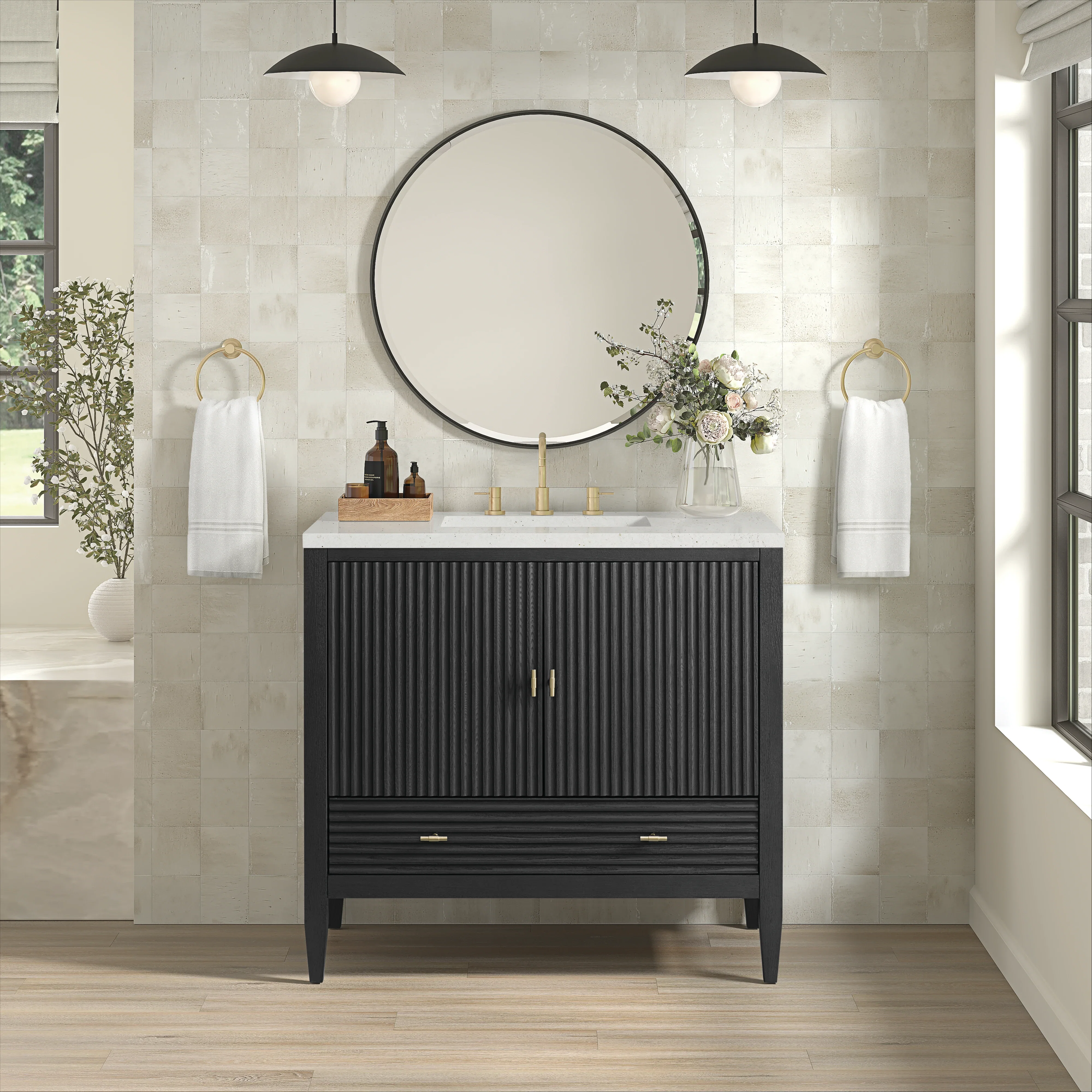 Myrrin 36" Vanity, Carbon Oak w/ 3 CM Lime Delight Silestone Top