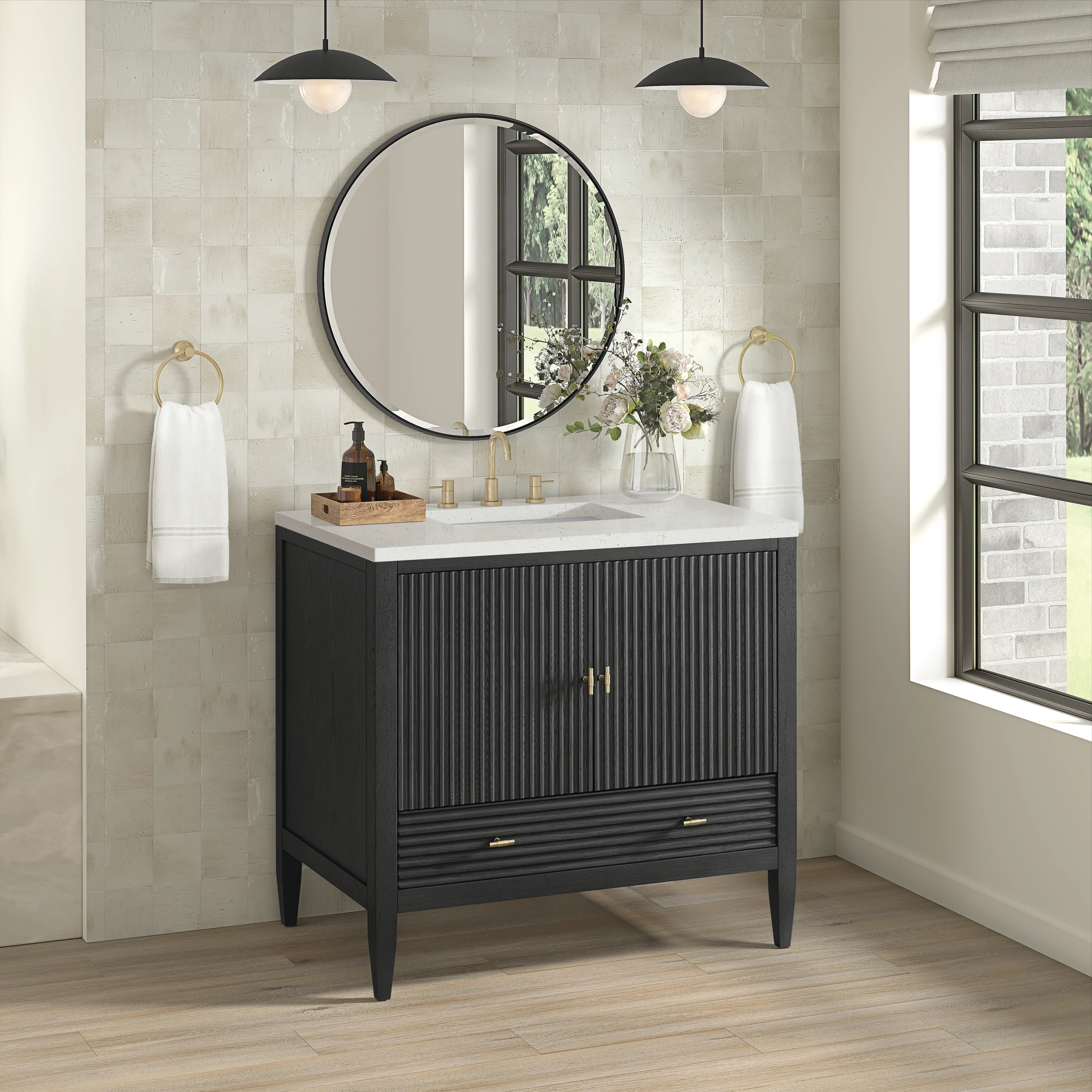 Myrrin 36" Vanity, Carbon Oak w/ 3 CM Lime Delight Silestone Top