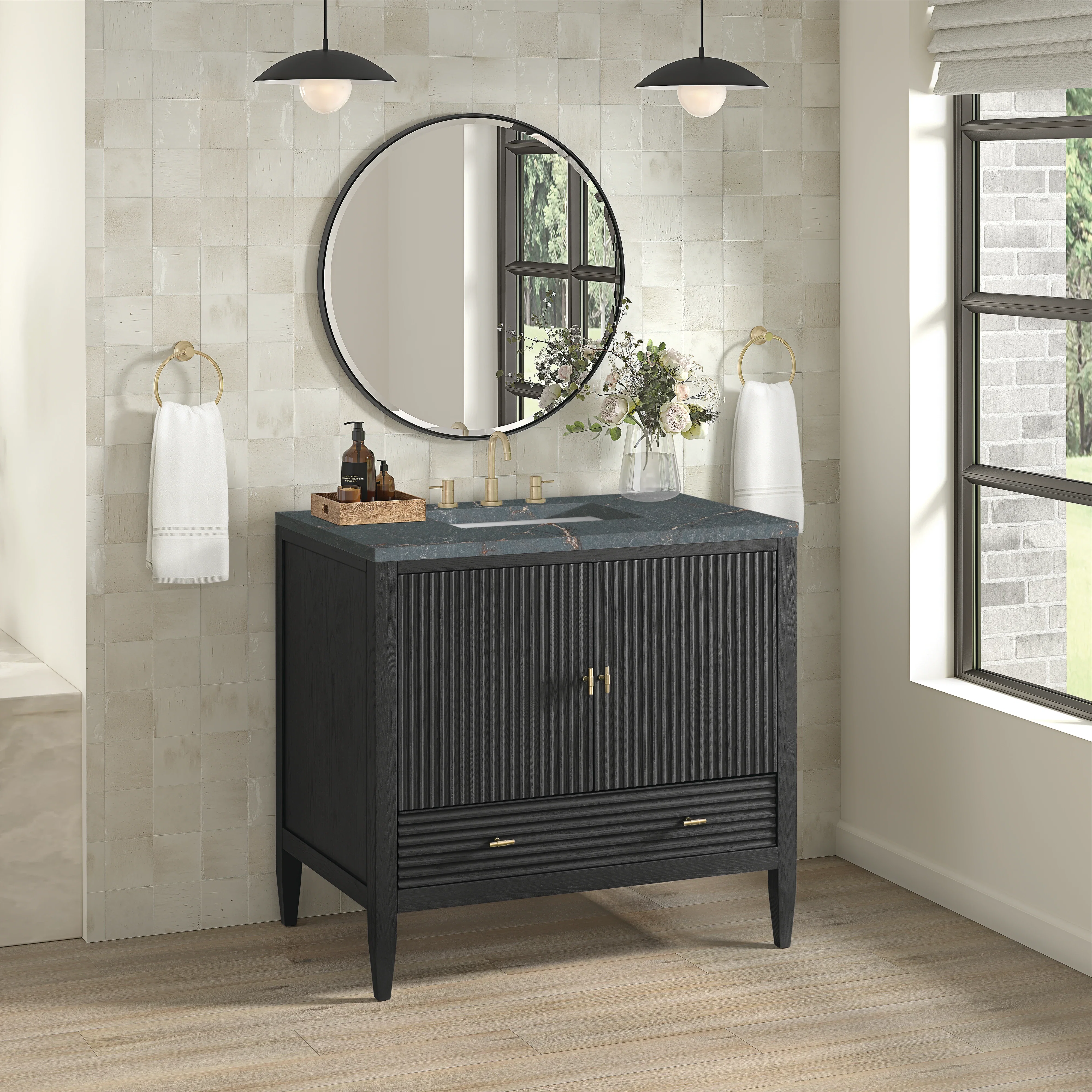 Myrrin 36" Vanity, Carbon Oak w/ 3 CM Parisien Bleu Silestone Top