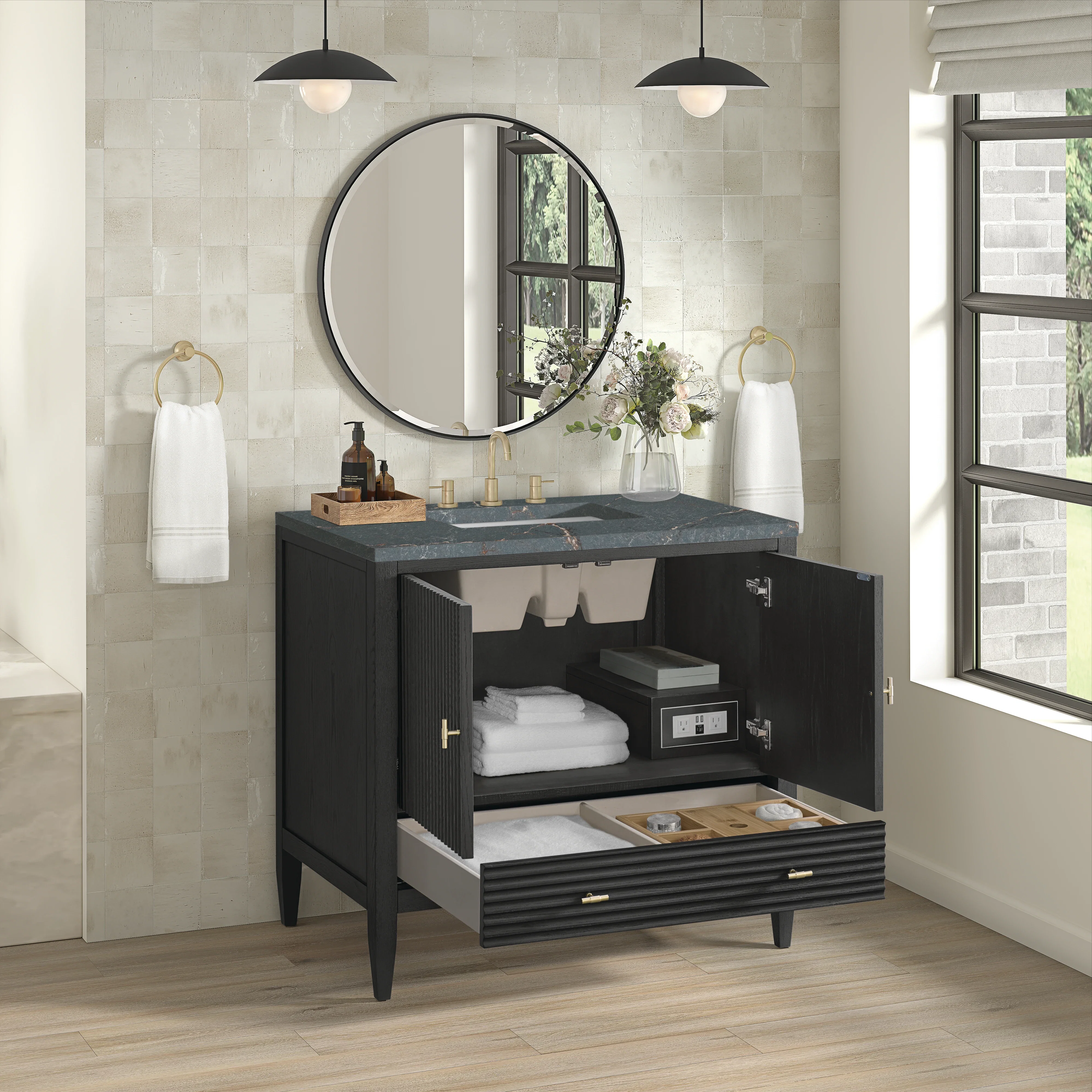 Myrrin 36" Vanity, Carbon Oak w/ 3 CM Parisien Bleu Silestone Top