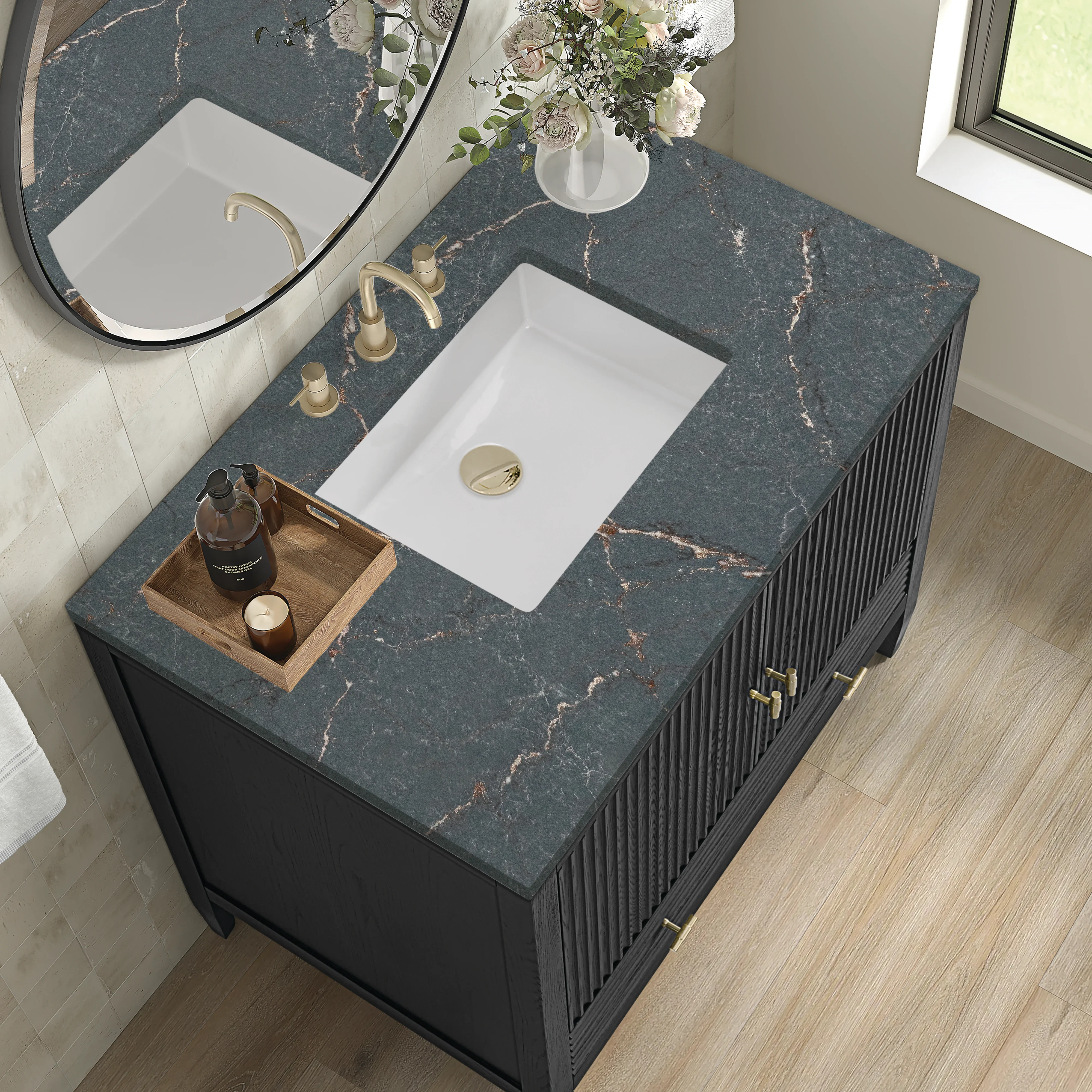 Myrrin 36" Vanity, Carbon Oak w/ 3 CM Parisien Bleu Silestone Top