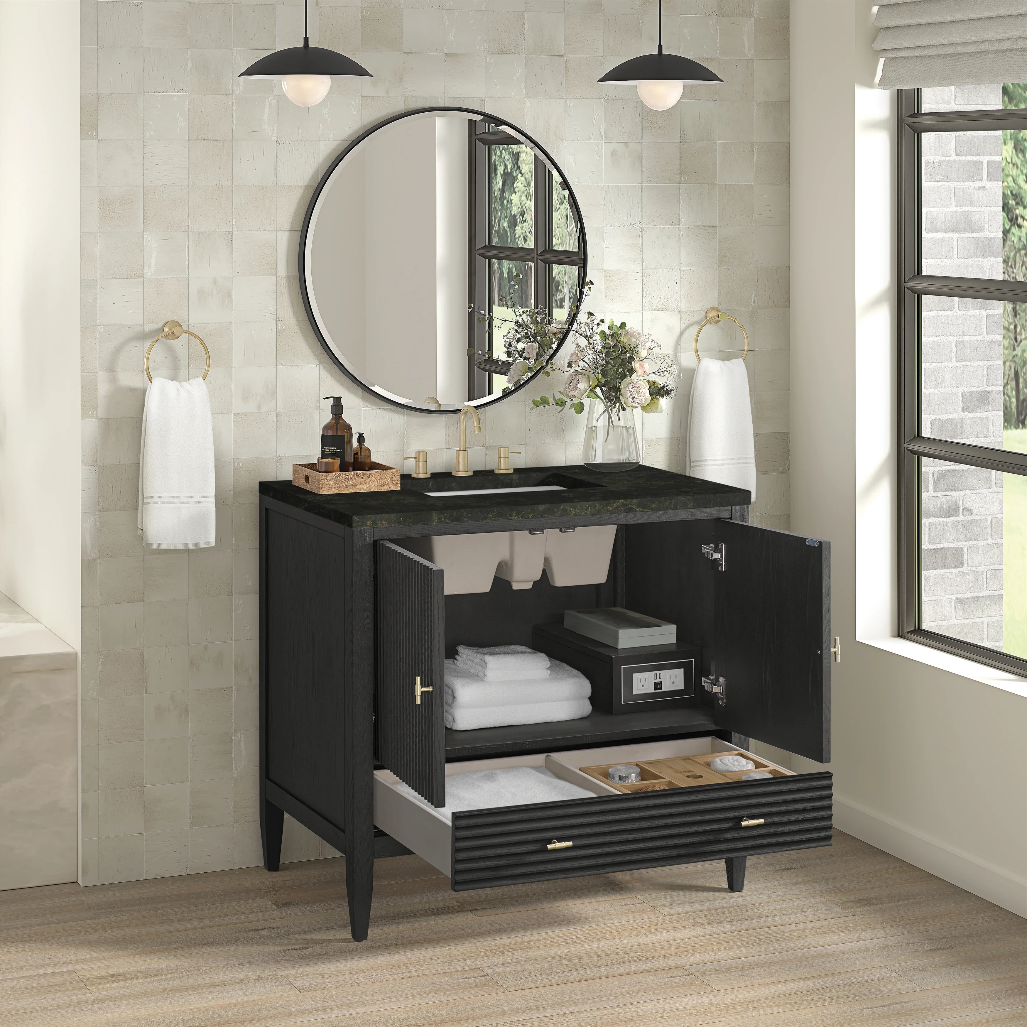 Myrrin 36" Vanity, Carbon Oak, w/ 3 CM Phantome Eclos Top