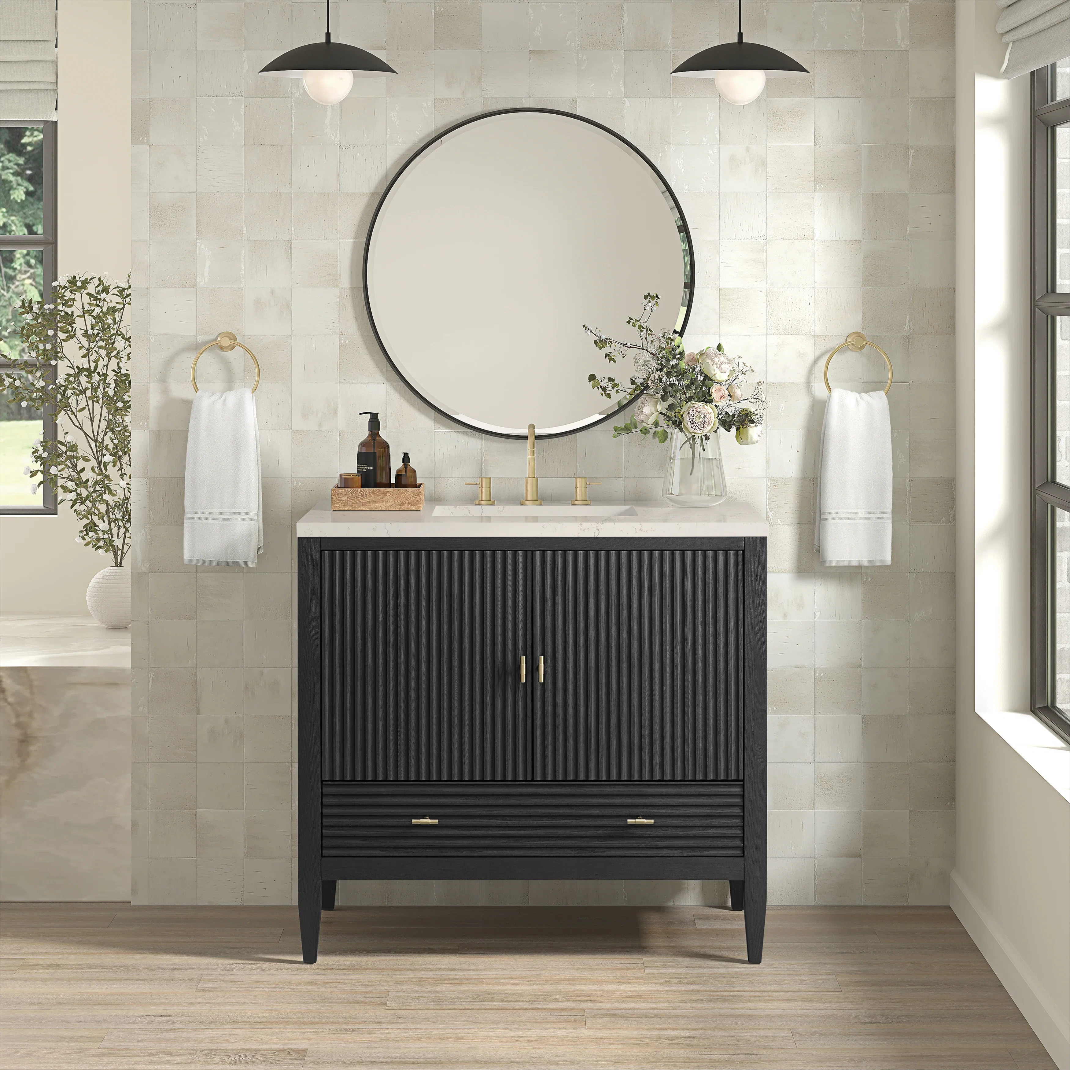 Myrrin 36" Vanity, Carbon Oak, w/ 3 CM Siberian Silestone Top
