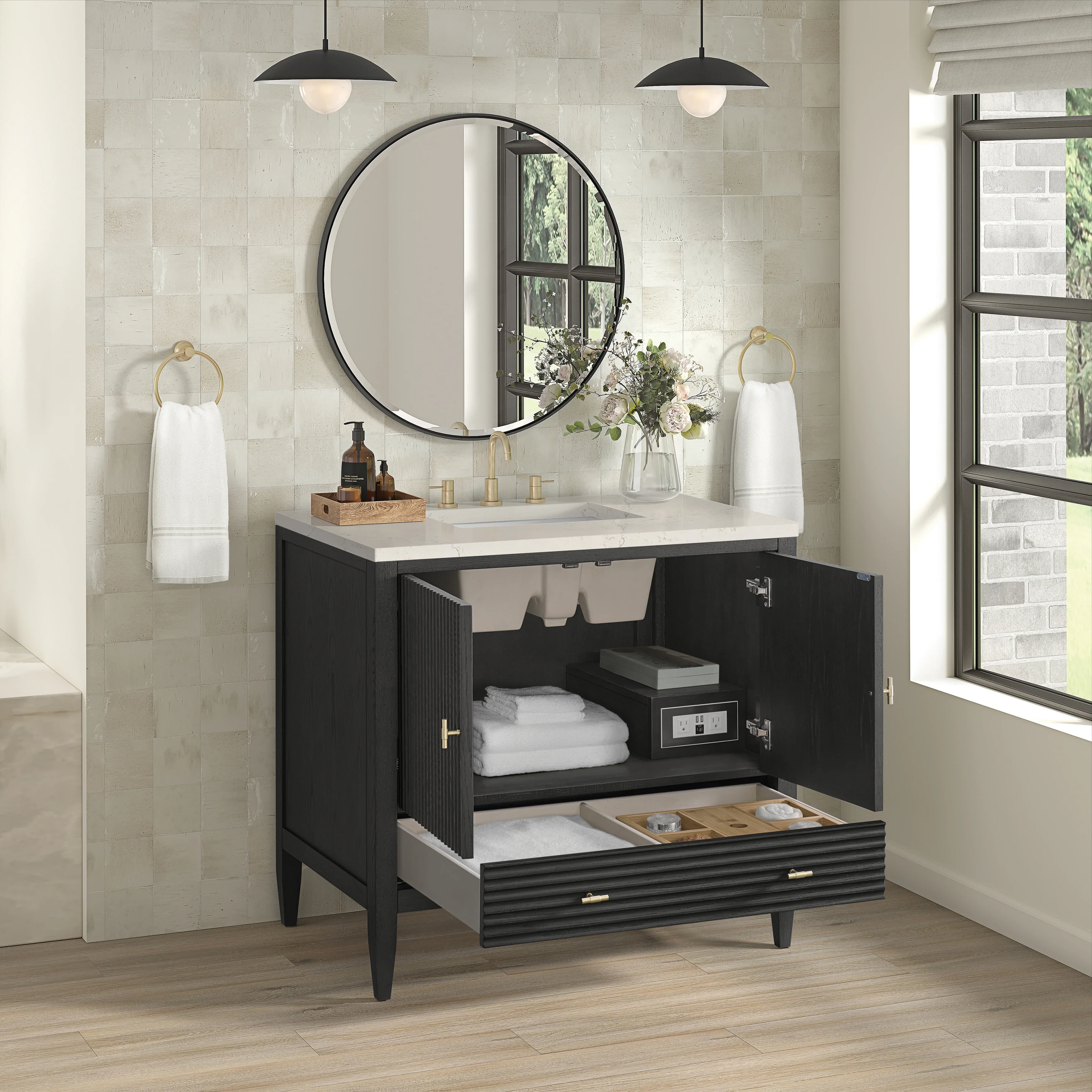 Myrrin 36" Vanity, Carbon Oak, w/ 3 CM Siberian Silestone Top