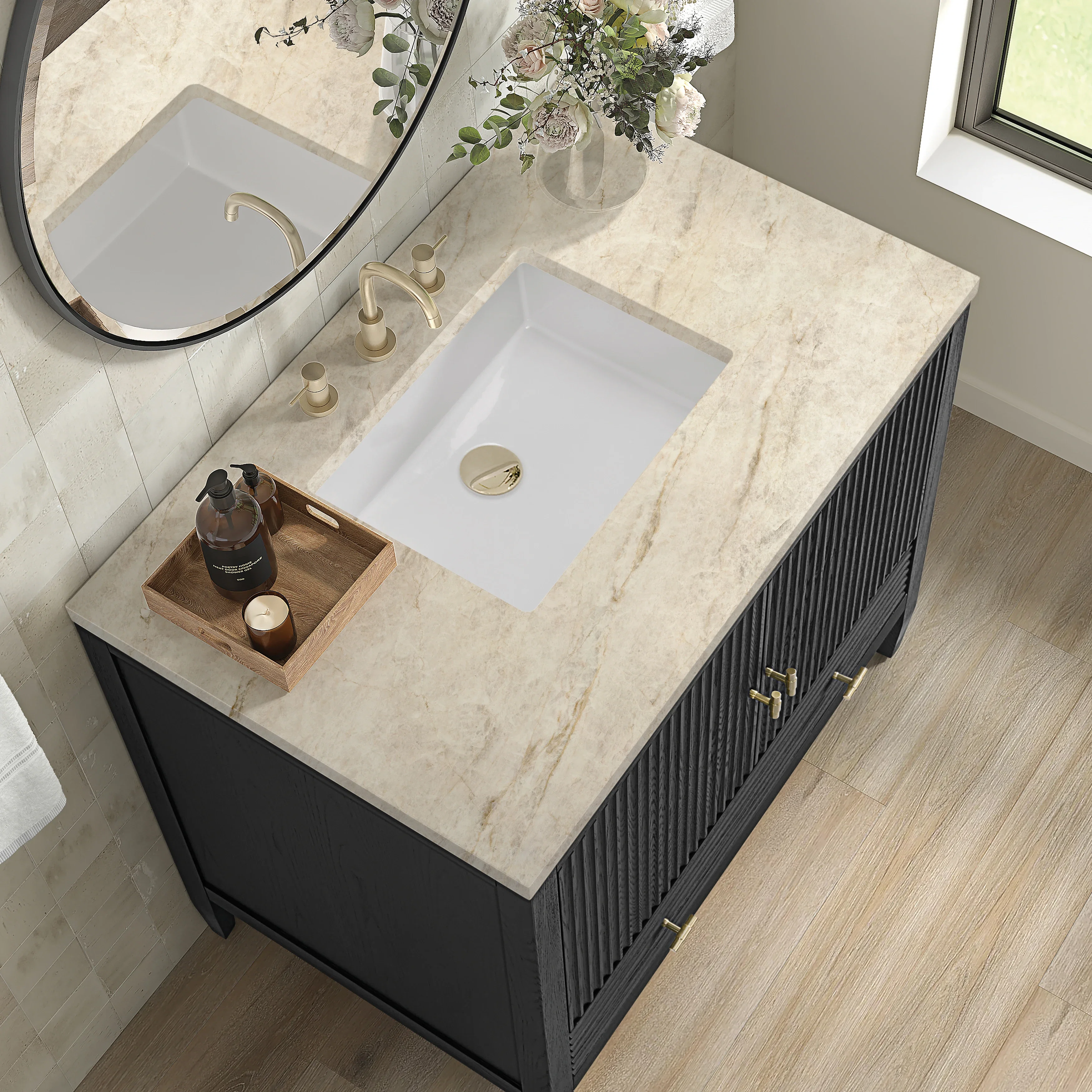 Myrrin 36" Vanity, Carbon Oak, w/ 3 CM Tajnar Eclos Top