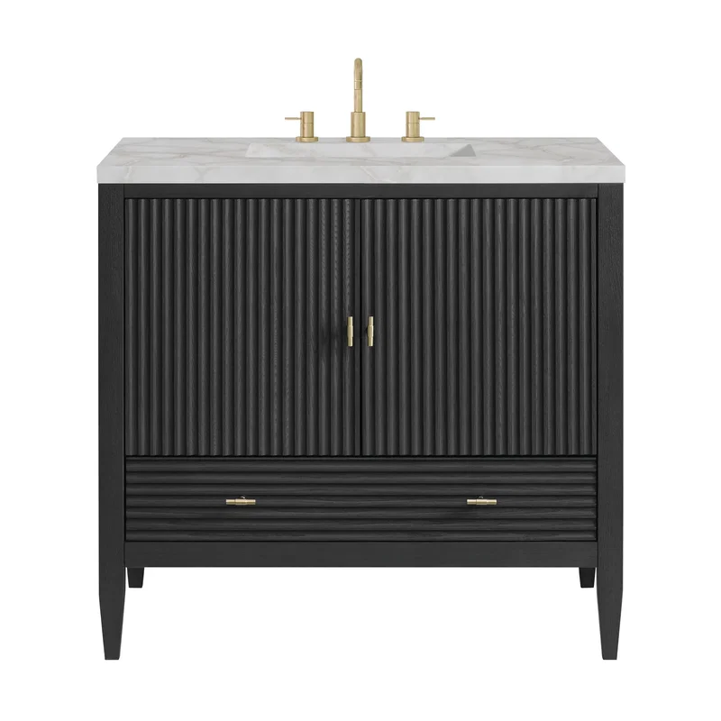 Myrrin 36" Vanity, Carbon Oak w/ 3 CM Victorian Silver Silestone Top
