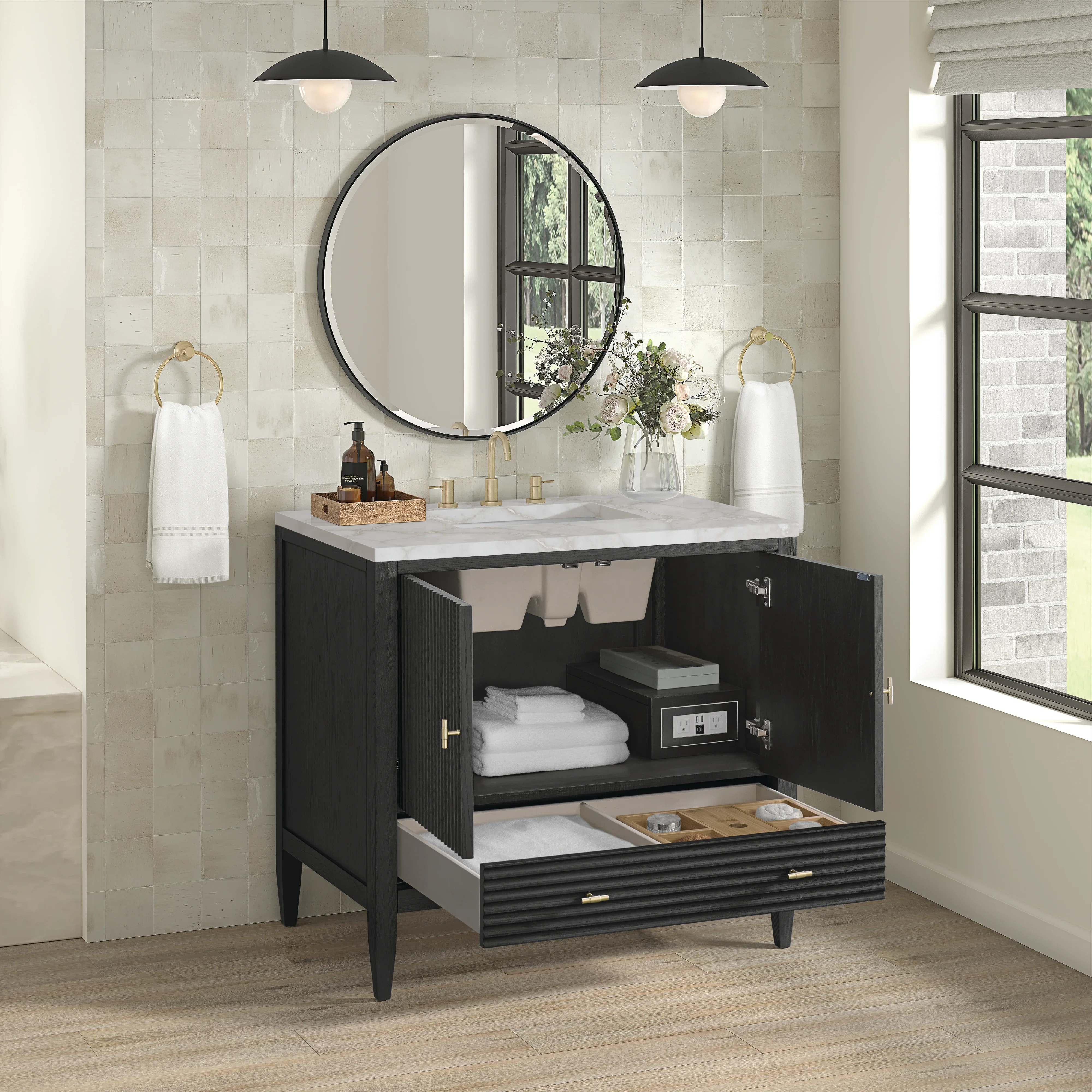 Myrrin 36" Vanity, Carbon Oak w/ 3 CM Victorian Silver Silestone Top