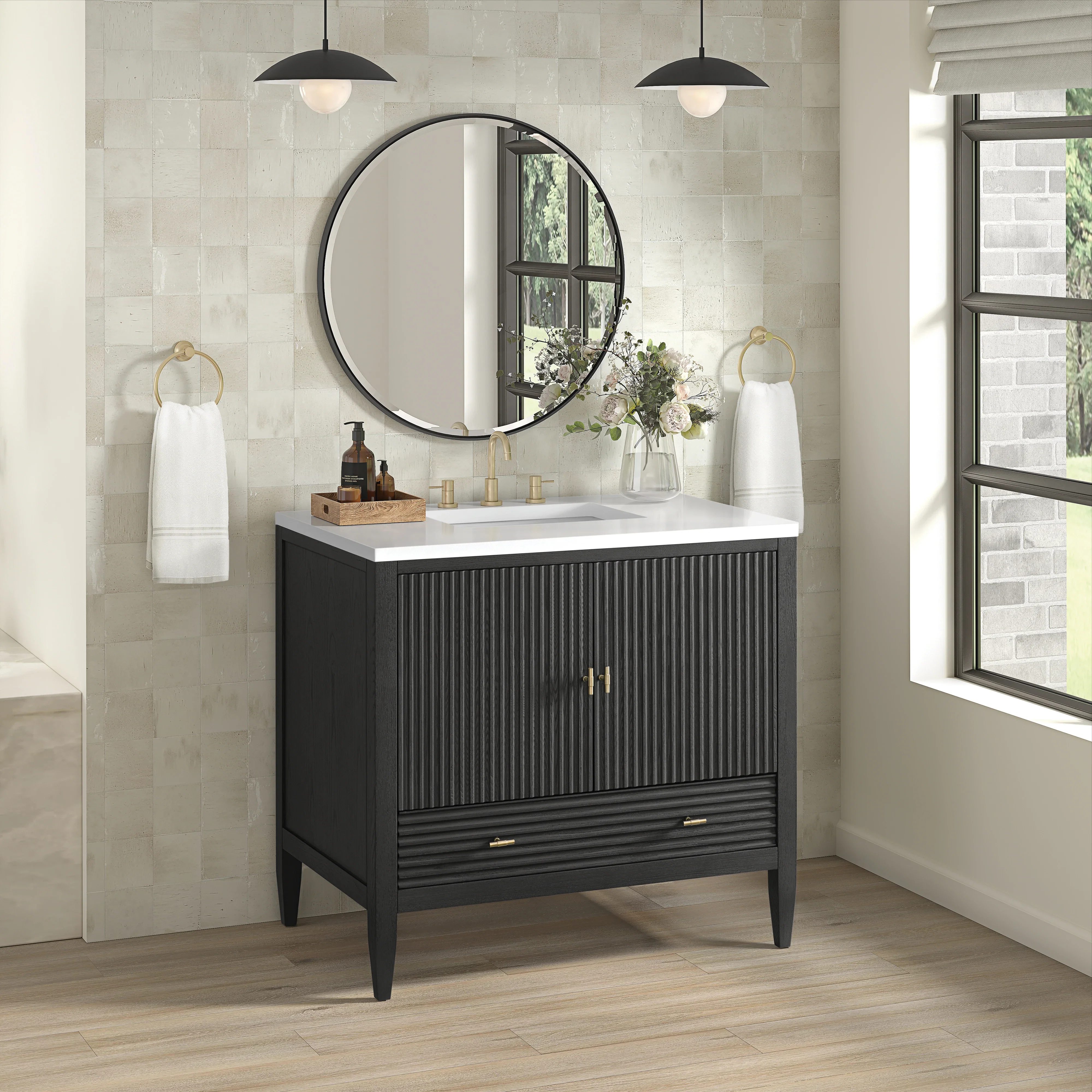 Myrrin 36" Vanity, Carbon Oak w/ 3 CM White Zeus Silestone Top