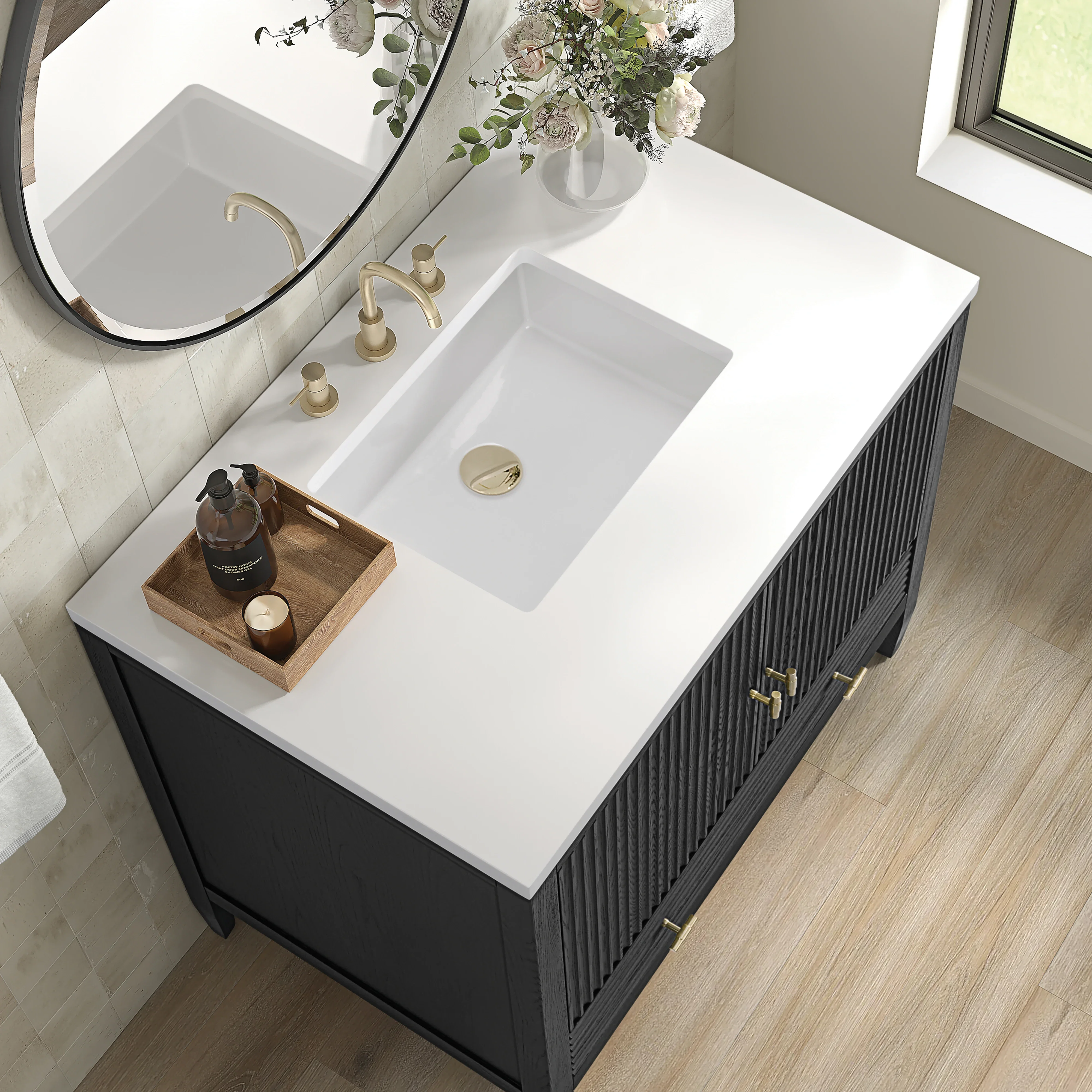 Myrrin 36" Vanity, Carbon Oak w/ 3 CM White Zeus Silestone Top