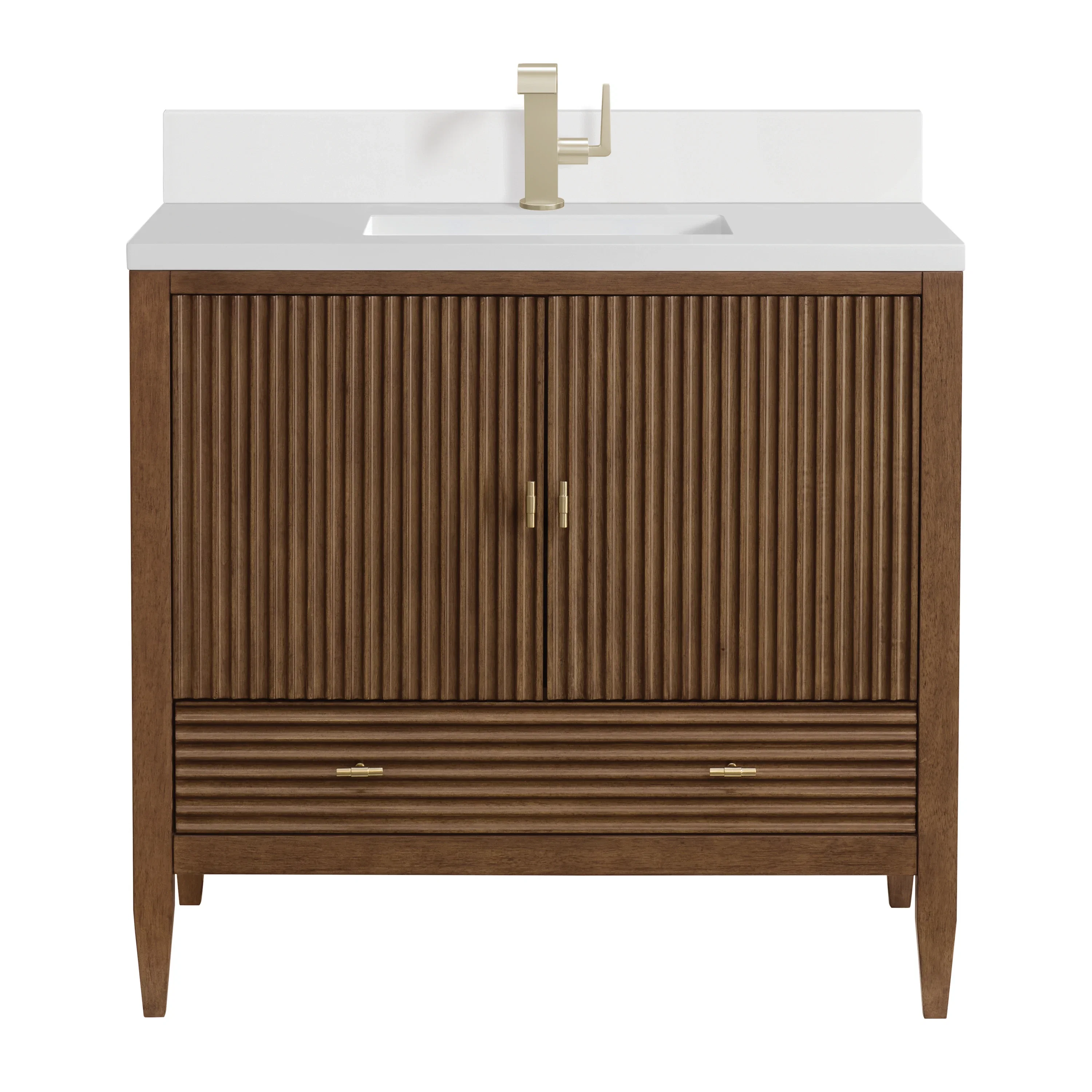 Myrrin 36" Vanity, Mid Century Walnut w/ Single Hole 3 CM White Zeus Silestone Top & Backsplash