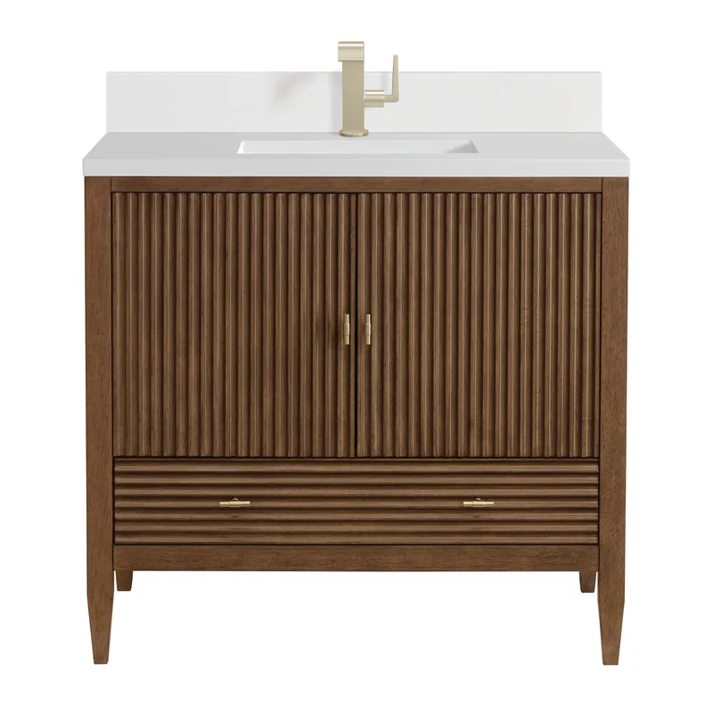 Myrrin 36" Vanity, Mid Century Walnut w/ Single Hole 3 CM White Zeus Silestone Top & Backsplash