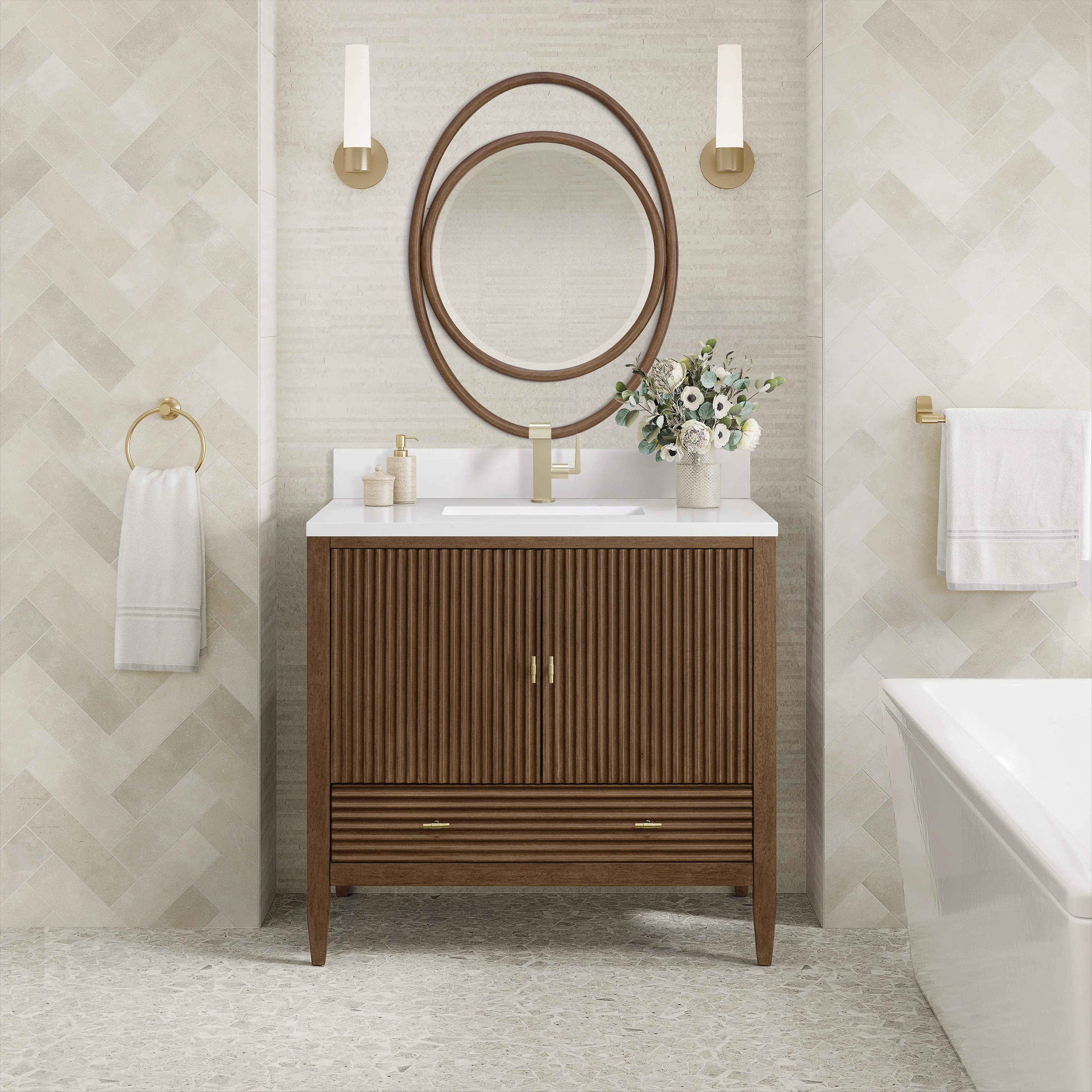 Myrrin 36" Vanity, Mid Century Walnut w/ Single Hole 3 CM White Zeus Silestone Top & Backsplash