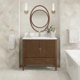 Myrrin 36" Vanity, Mid Century Walnut w/ Single Hole 3 CM White Zeus Silestone Top & Backsplash