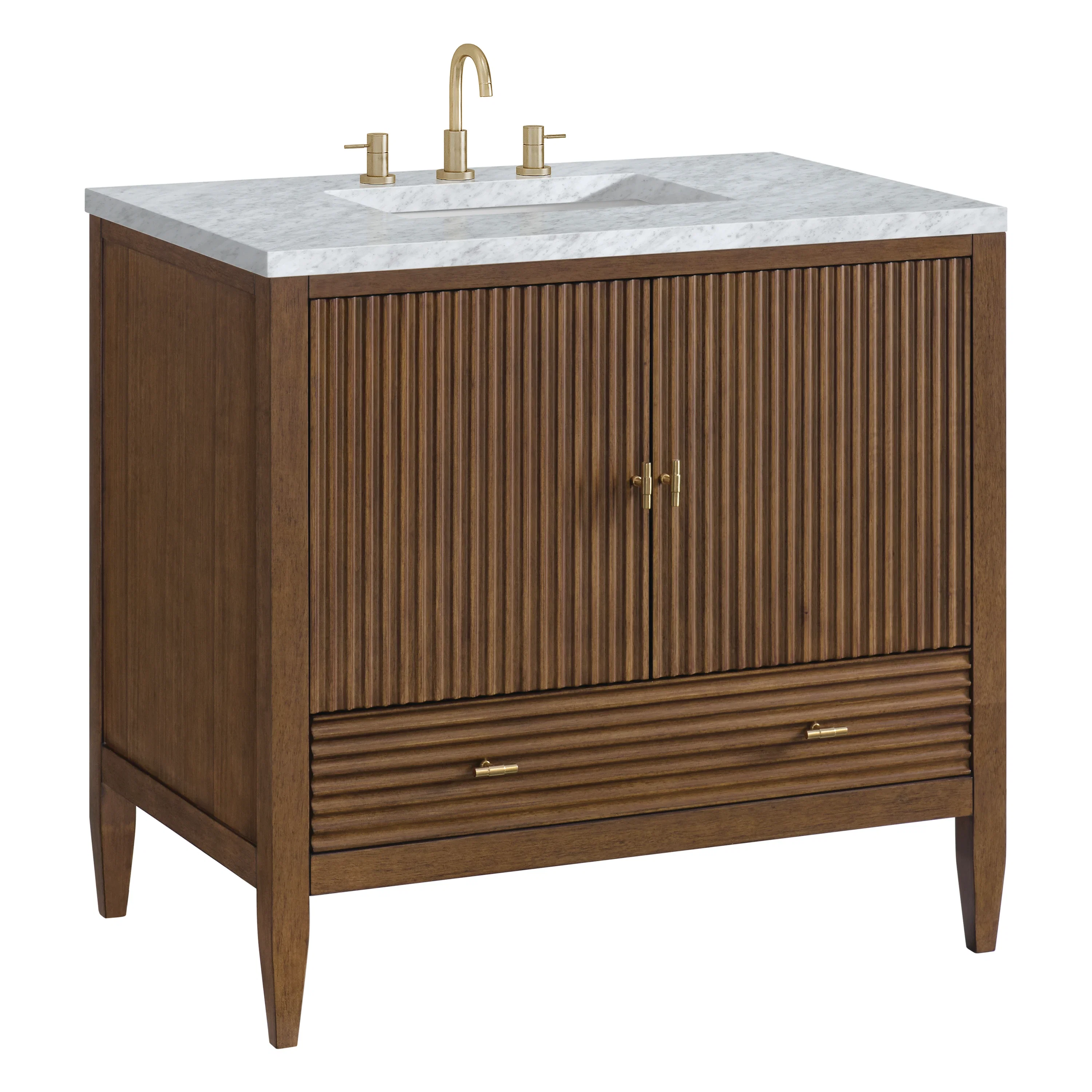 Myrrin 36" Vanity, Mid Century Walnut w/ 3 CM Carrara White Marble Top