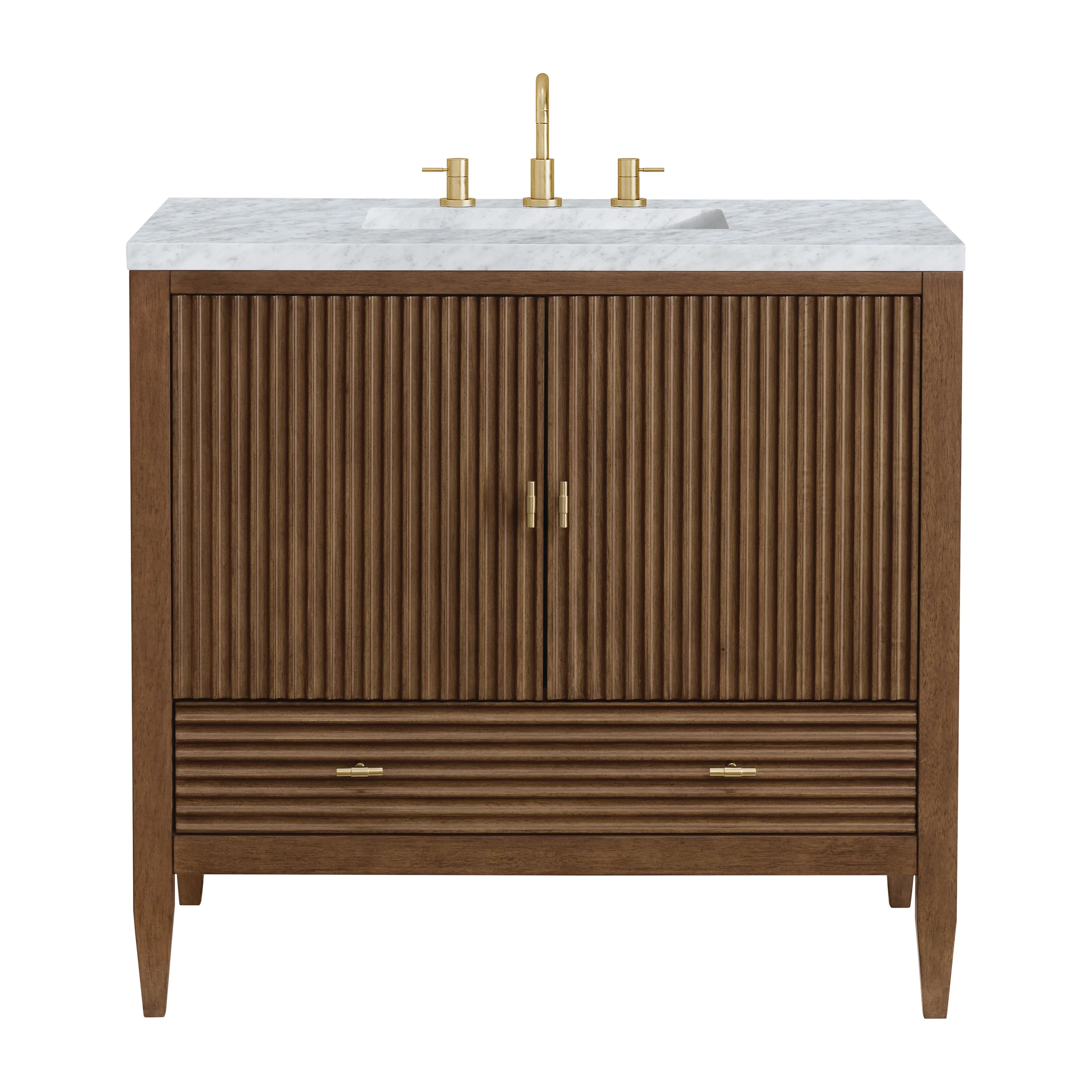 Myrrin 36" Vanity, Mid Century Walnut w/ 3 CM Carrara White Marble Top