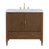 Myrrin 36" Vanity, Mid Century Walnut w/ 3 CM Carrara White Marble Top