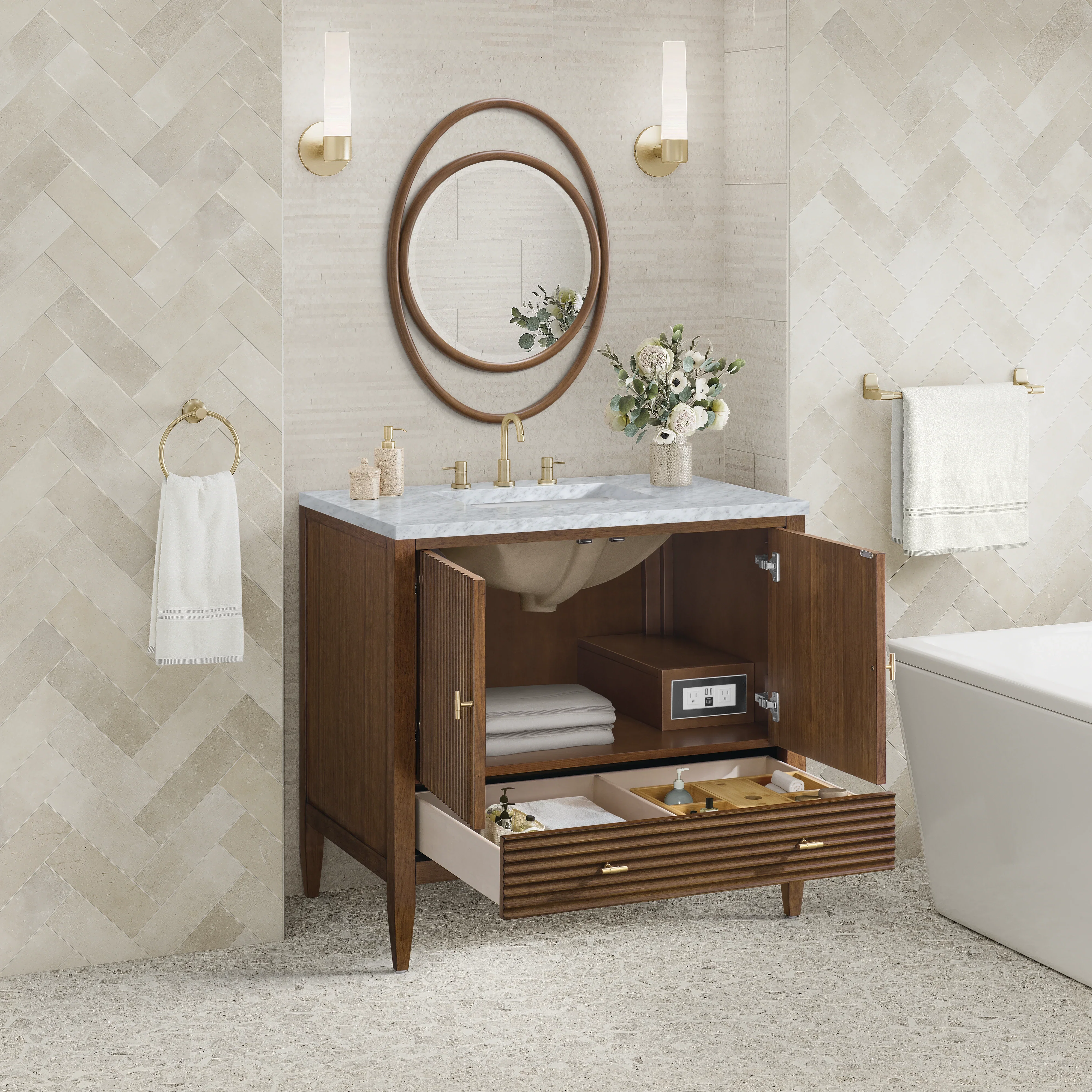 Myrrin 36" Vanity, Mid Century Walnut w/ 3 CM Carrara White Marble Top