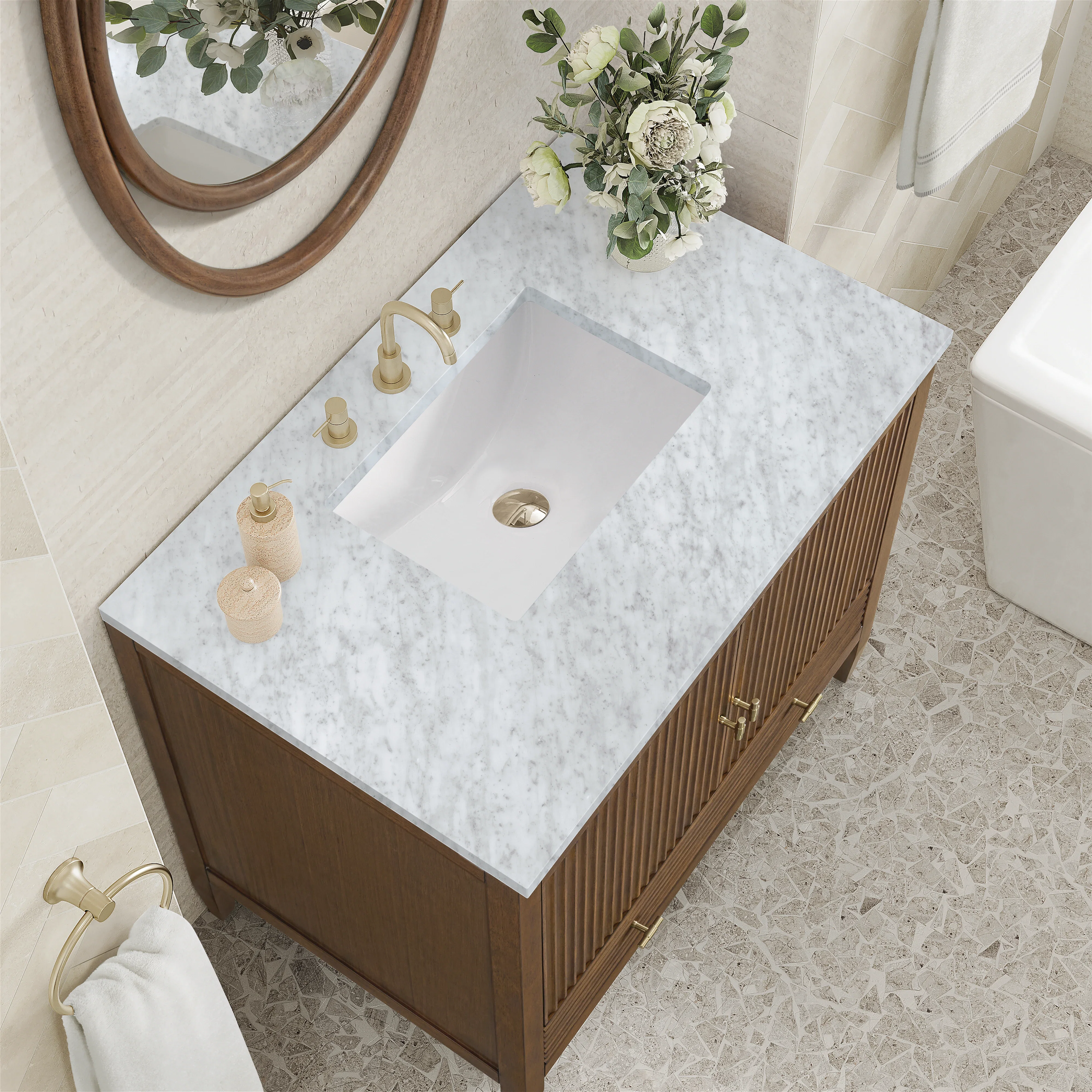 Myrrin 36" Vanity, Mid Century Walnut w/ 3 CM Carrara White Marble Top