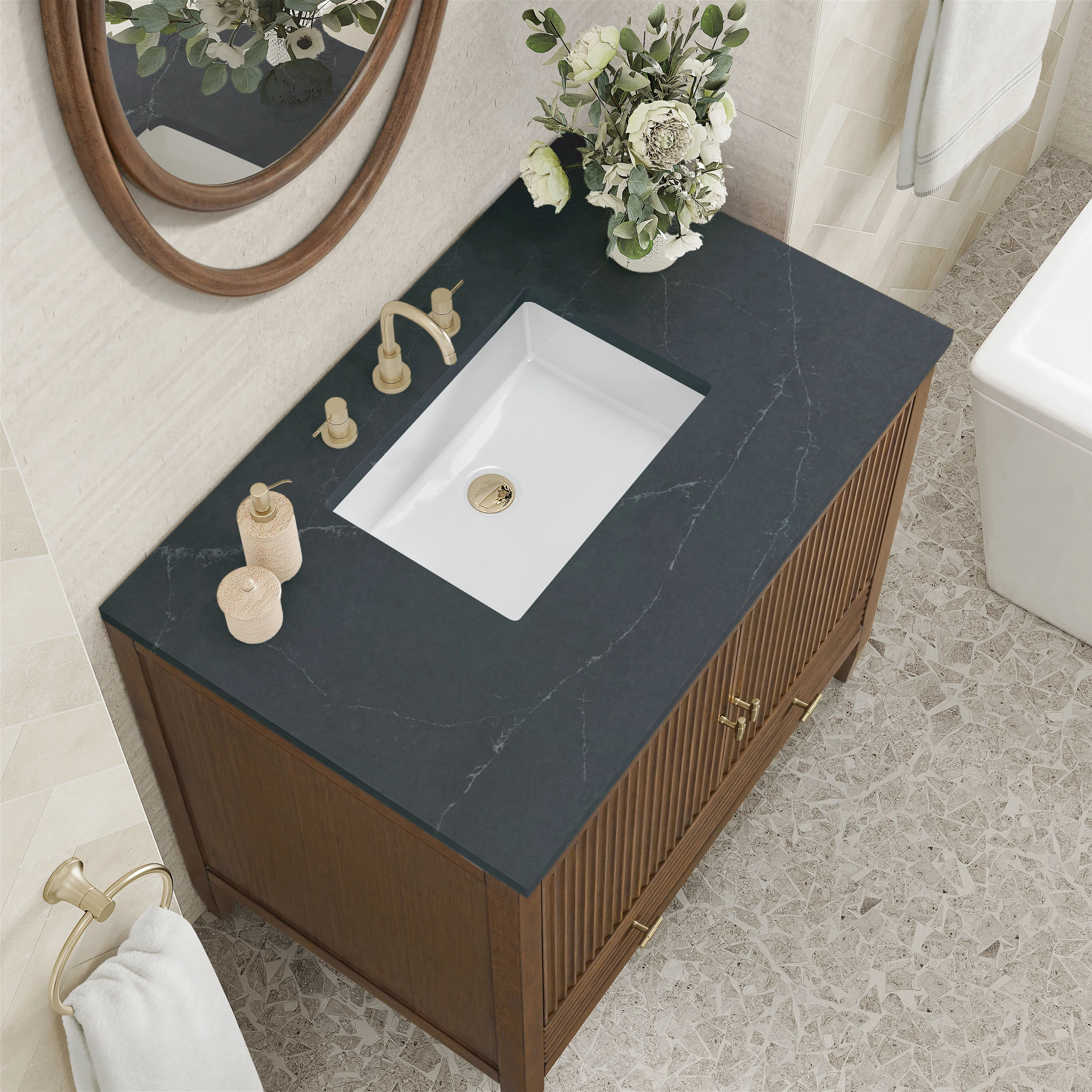 Myrrin 36" Vanity, Mid Century Walnut w/ 3 CM Charcoal Soapstone Silestone Top