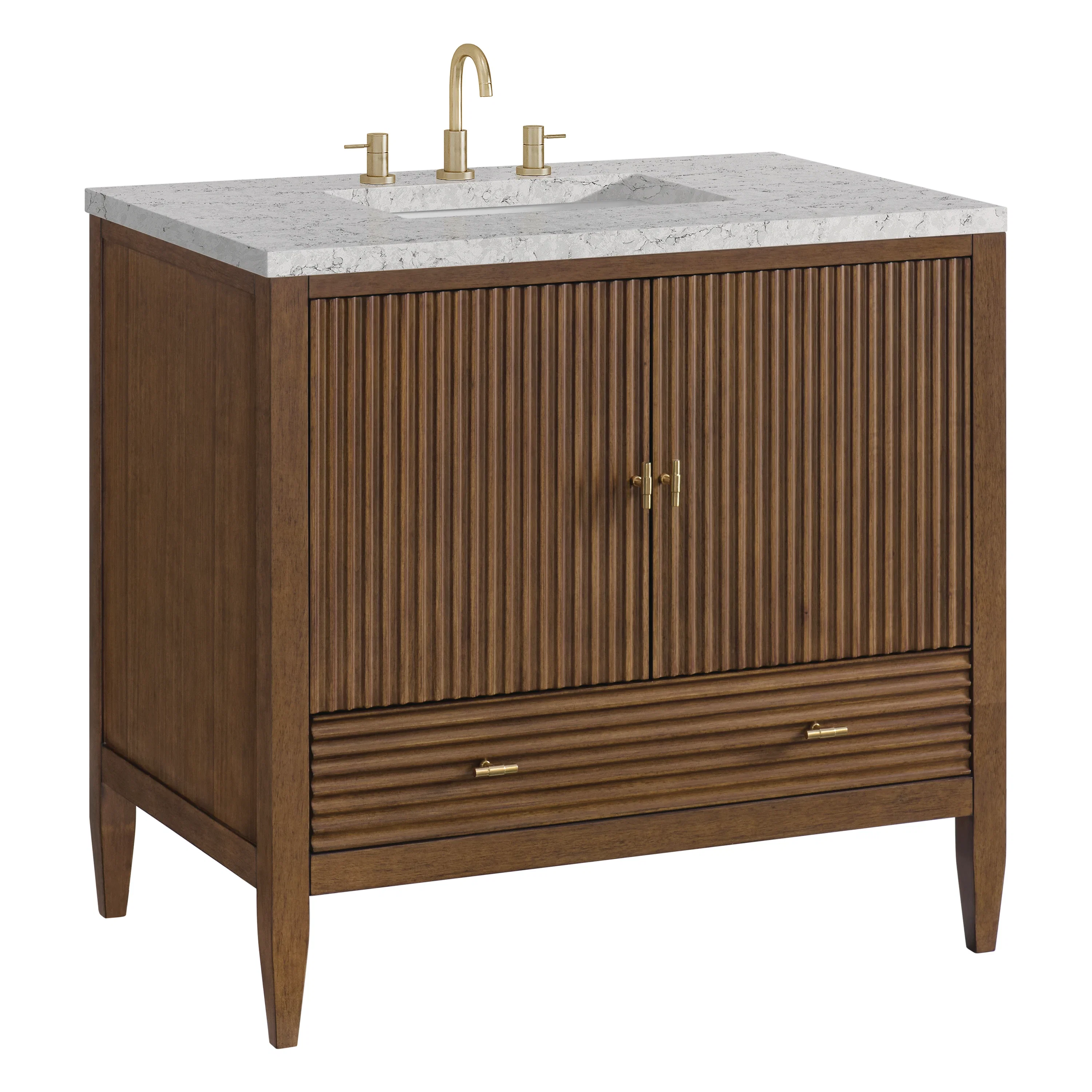 Myrrin 36" Vanity, Mid Century Walnut w/ 3 CM Eternal Jasmine Pearl Silestone Top