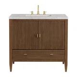 Myrrin 36" Vanity, Mid Century Walnut w/ 3 CM Eternal Jasmine Pearl Silestone Top