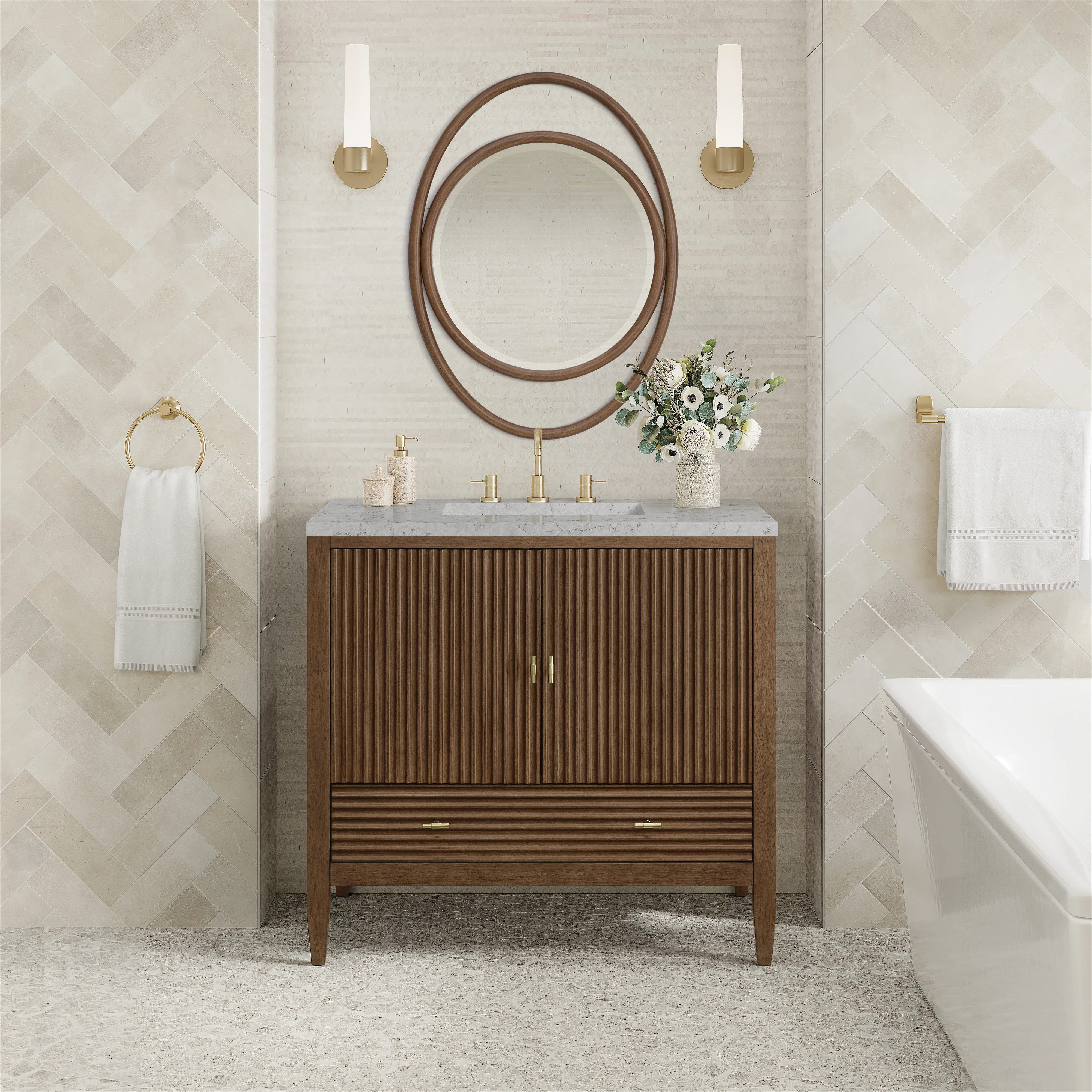 Myrrin 36" Vanity, Mid Century Walnut w/ 3 CM Eternal Jasmine Pearl Silestone Top