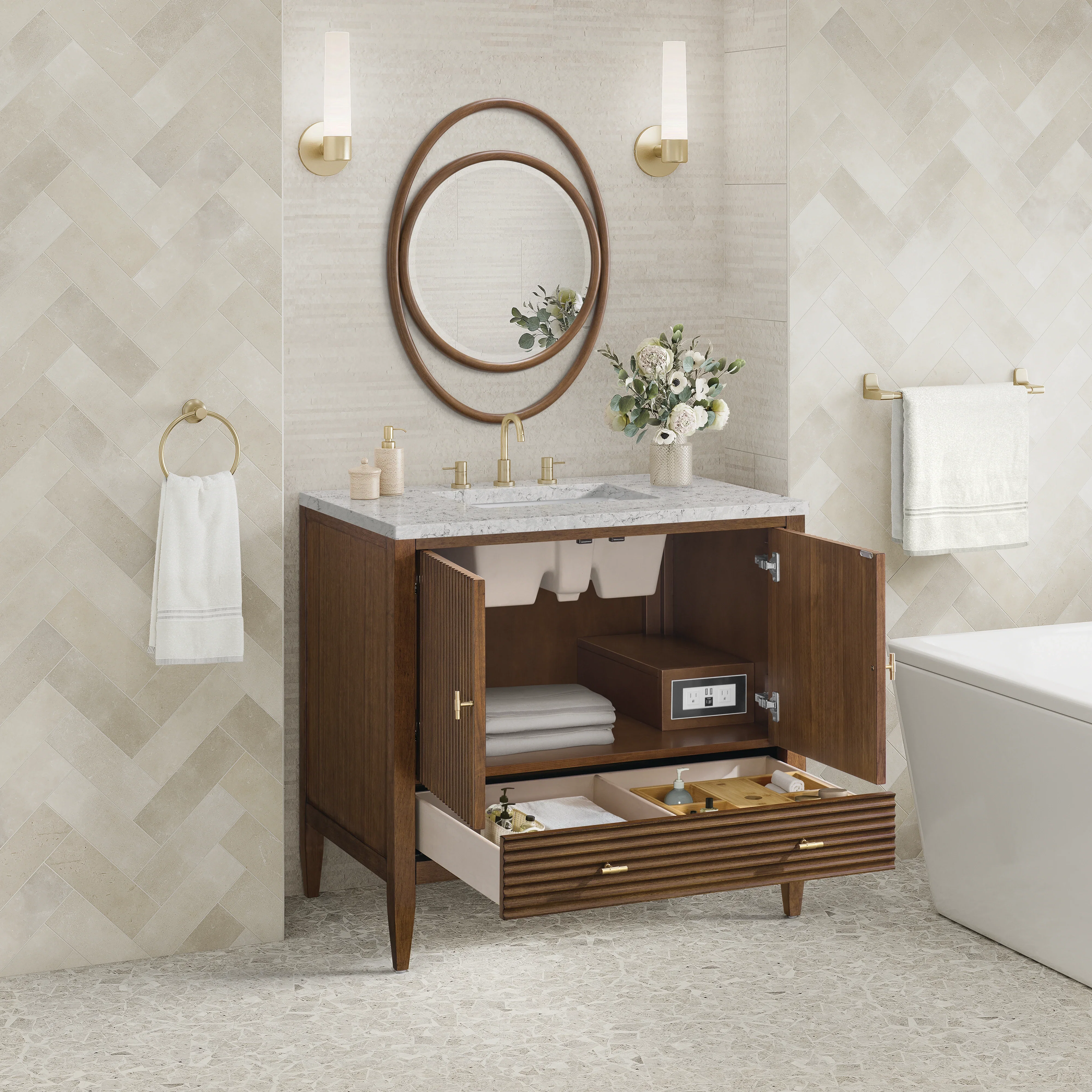 Myrrin 36" Vanity, Mid Century Walnut w/ 3 CM Eternal Jasmine Pearl Silestone Top