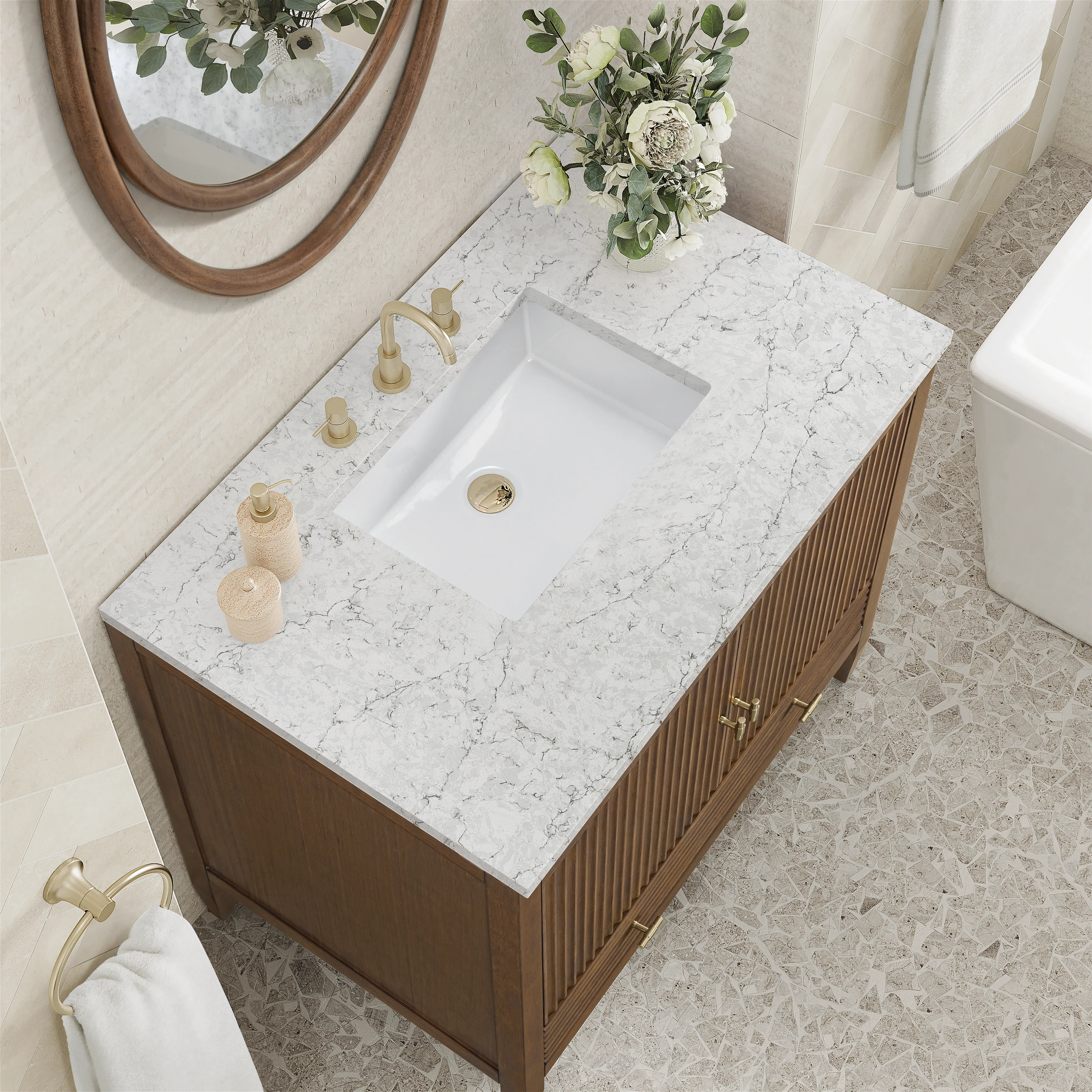 Myrrin 36" Vanity, Mid Century Walnut w/ 3 CM Eternal Jasmine Pearl Silestone Top