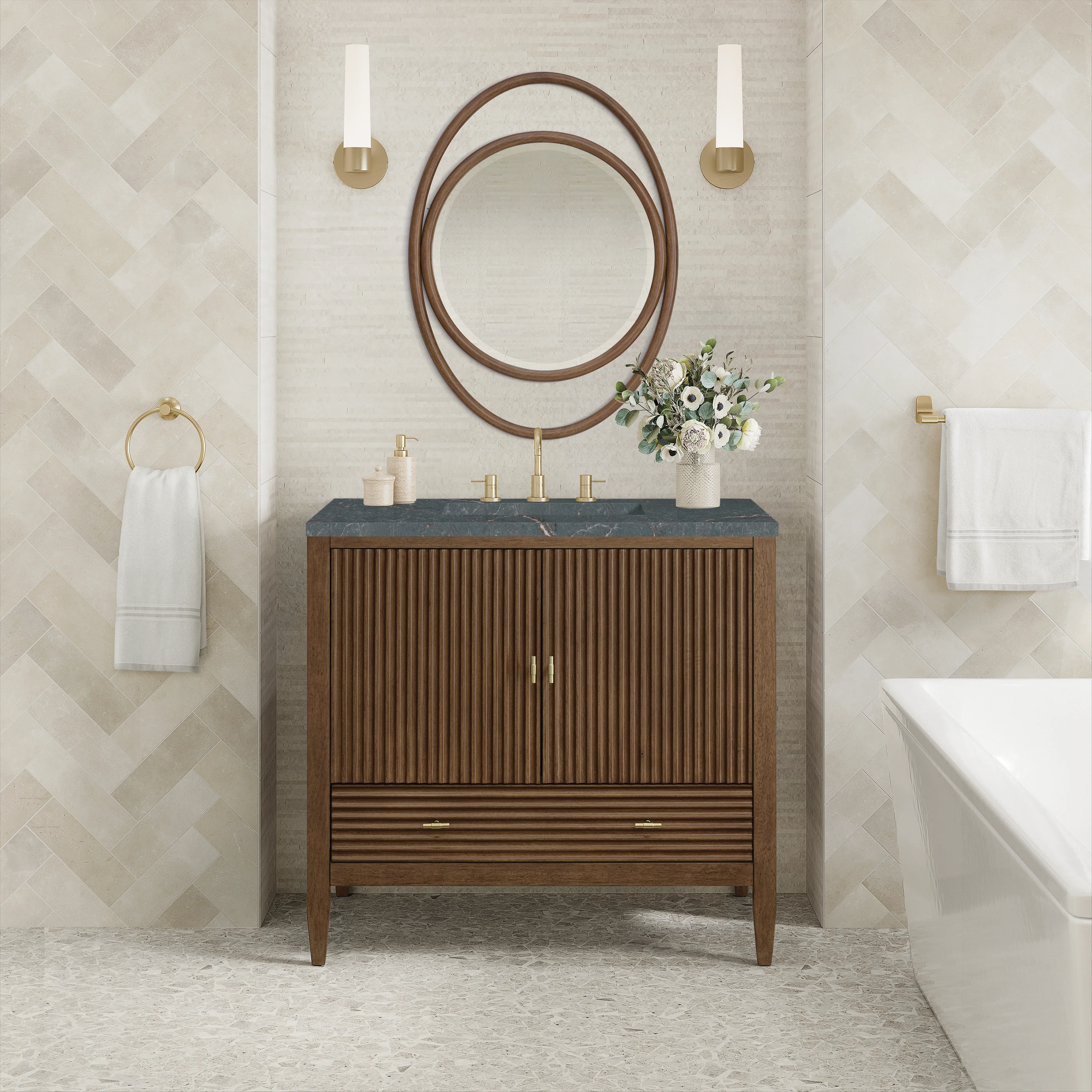 Myrrin 36" Vanity, Mid Century Walnut w/ 3 CM Parisien Bleu Silestone Top