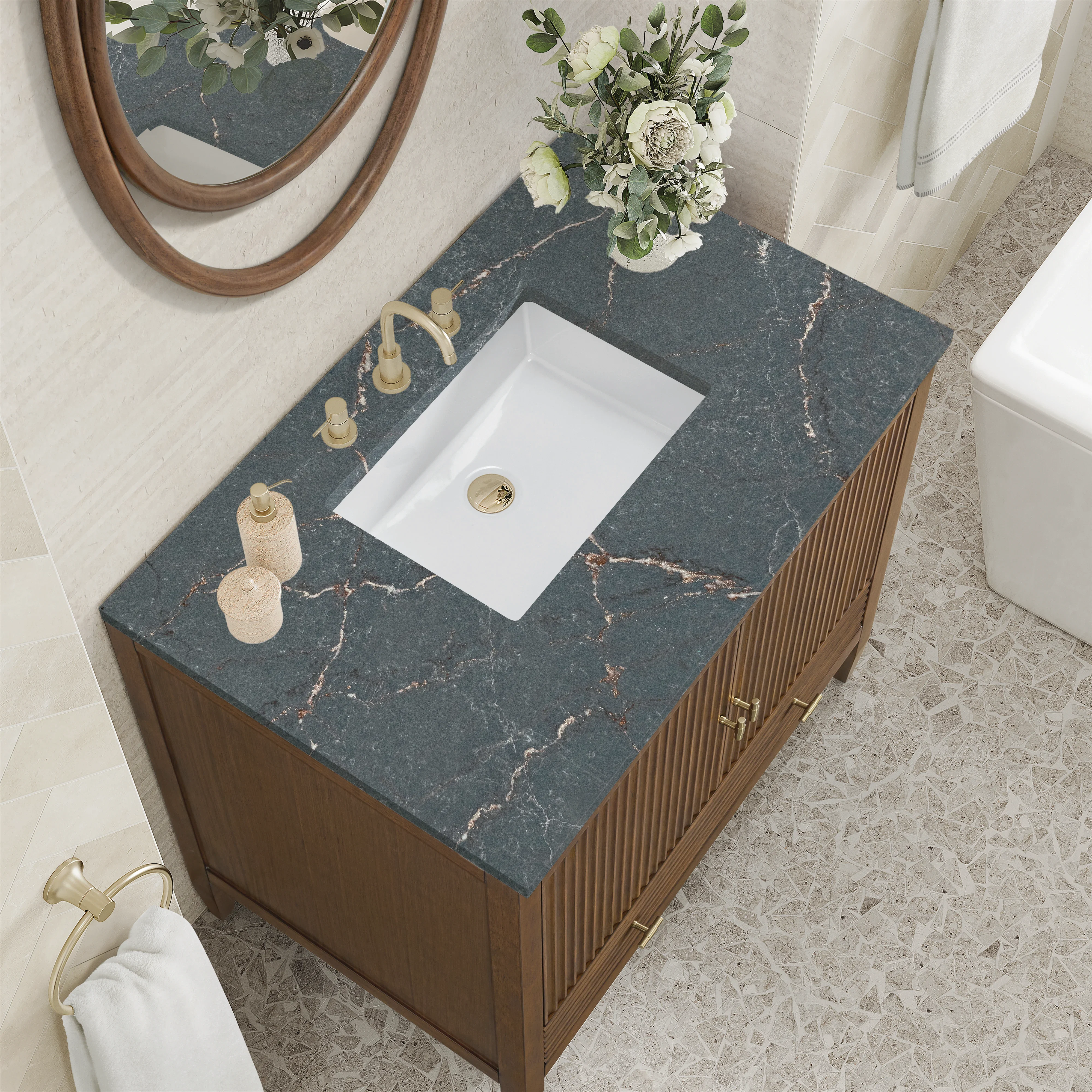 Myrrin 36" Vanity, Mid Century Walnut w/ 3 CM Parisien Bleu Silestone Top