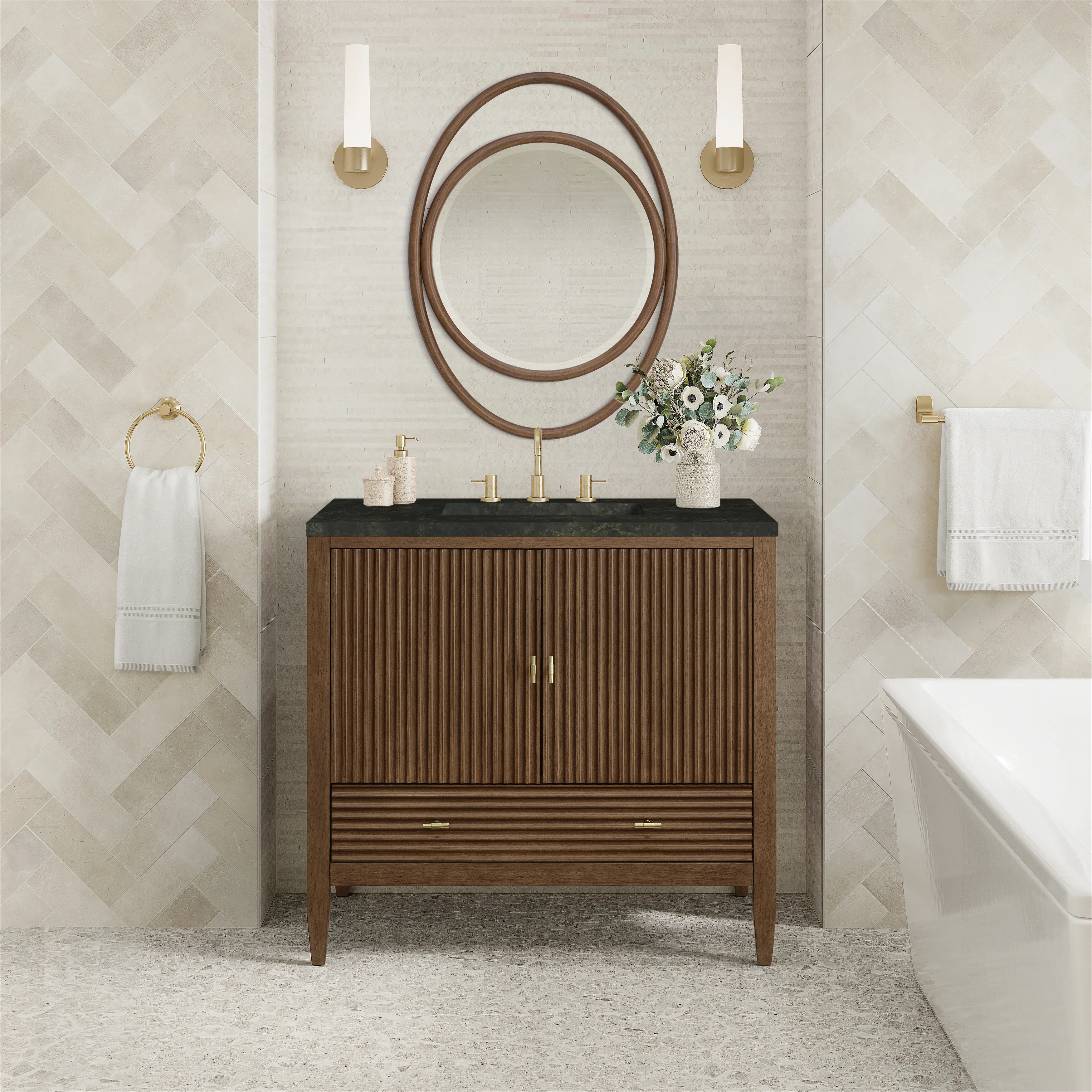 Myrrin 36" Vanity, Mid Century Walnut, w/ 3 CM Phantome Eclos Top