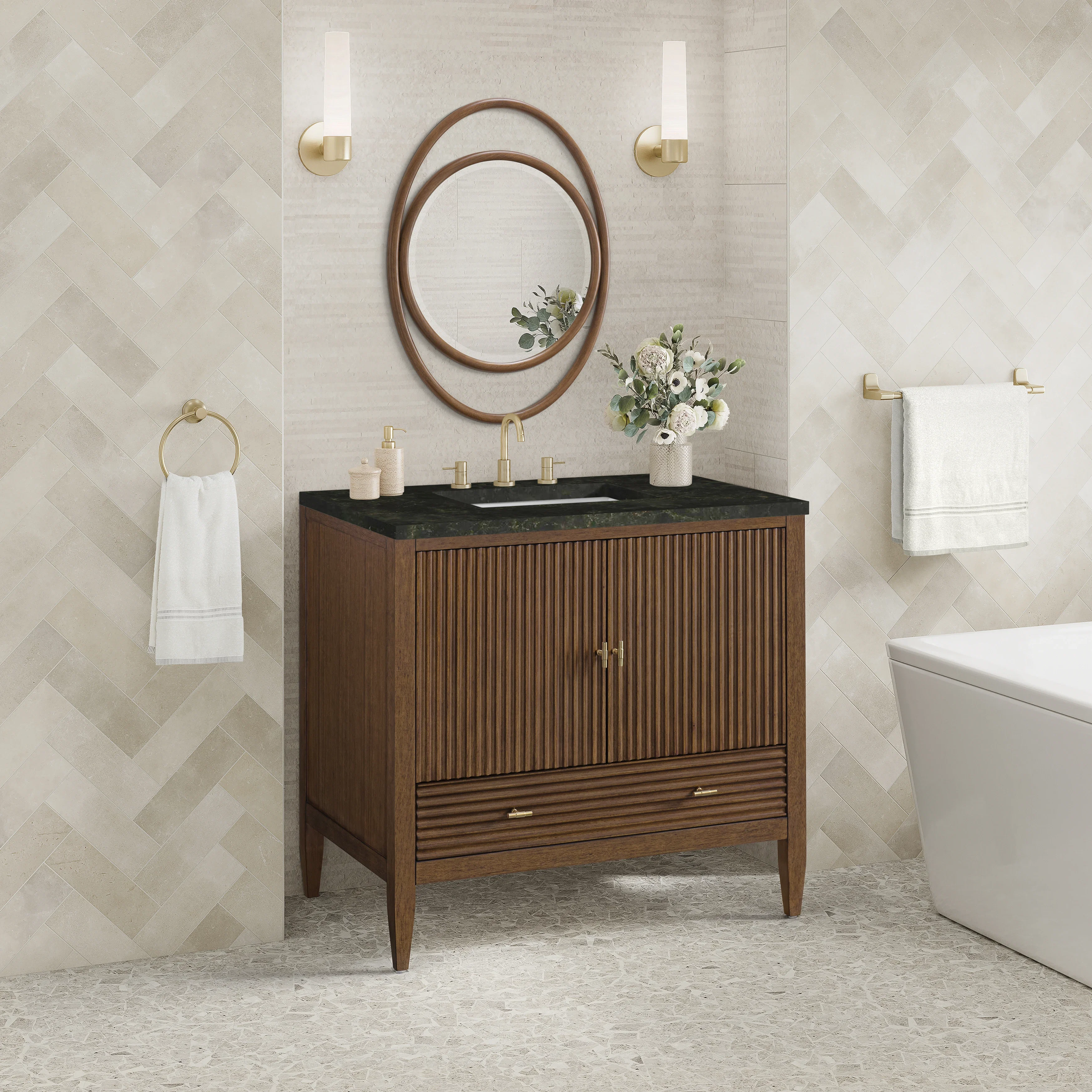 Myrrin 36" Vanity, Mid Century Walnut, w/ 3 CM Phantome Eclos Top