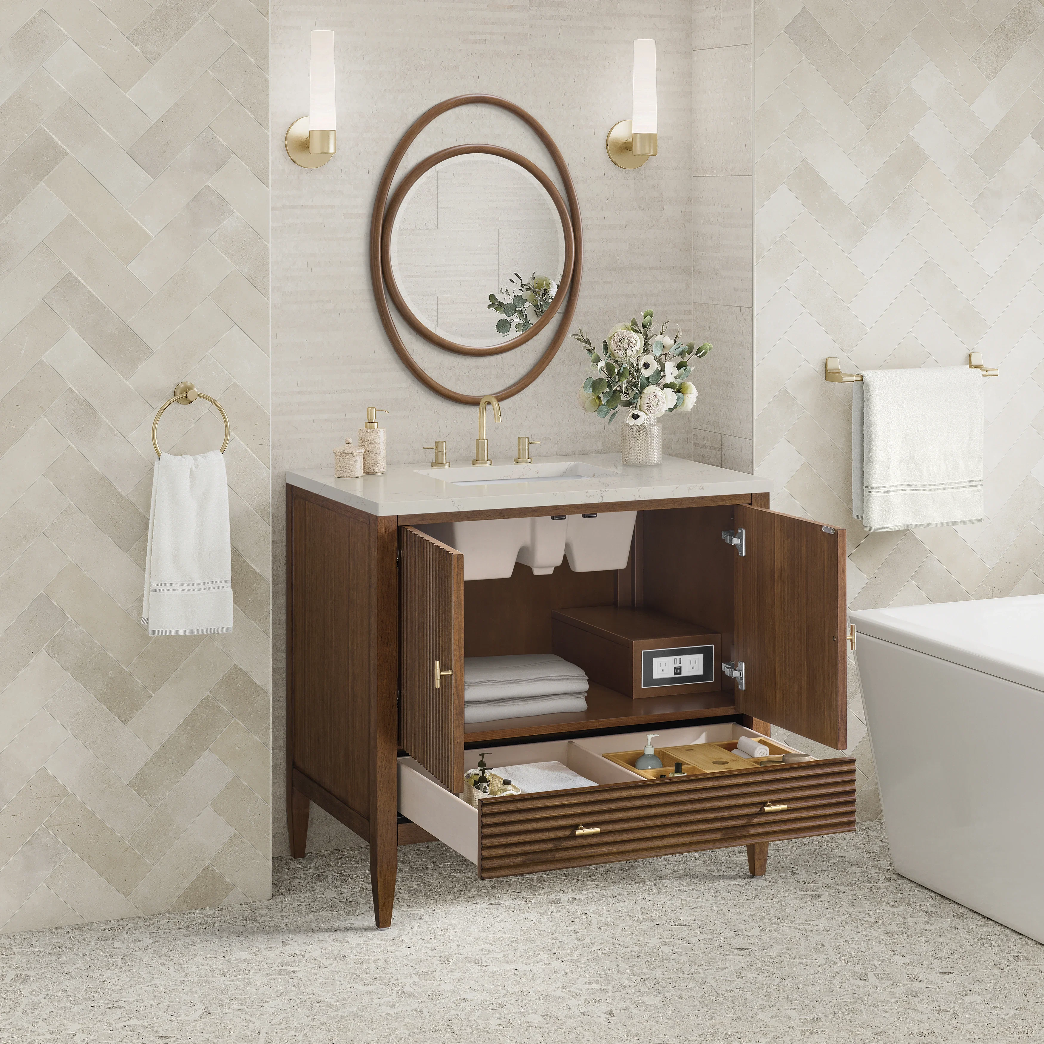 Myrrin 36" Vanity, Mid Century Walnut, w/ 3 CM Siberian Silestone Top