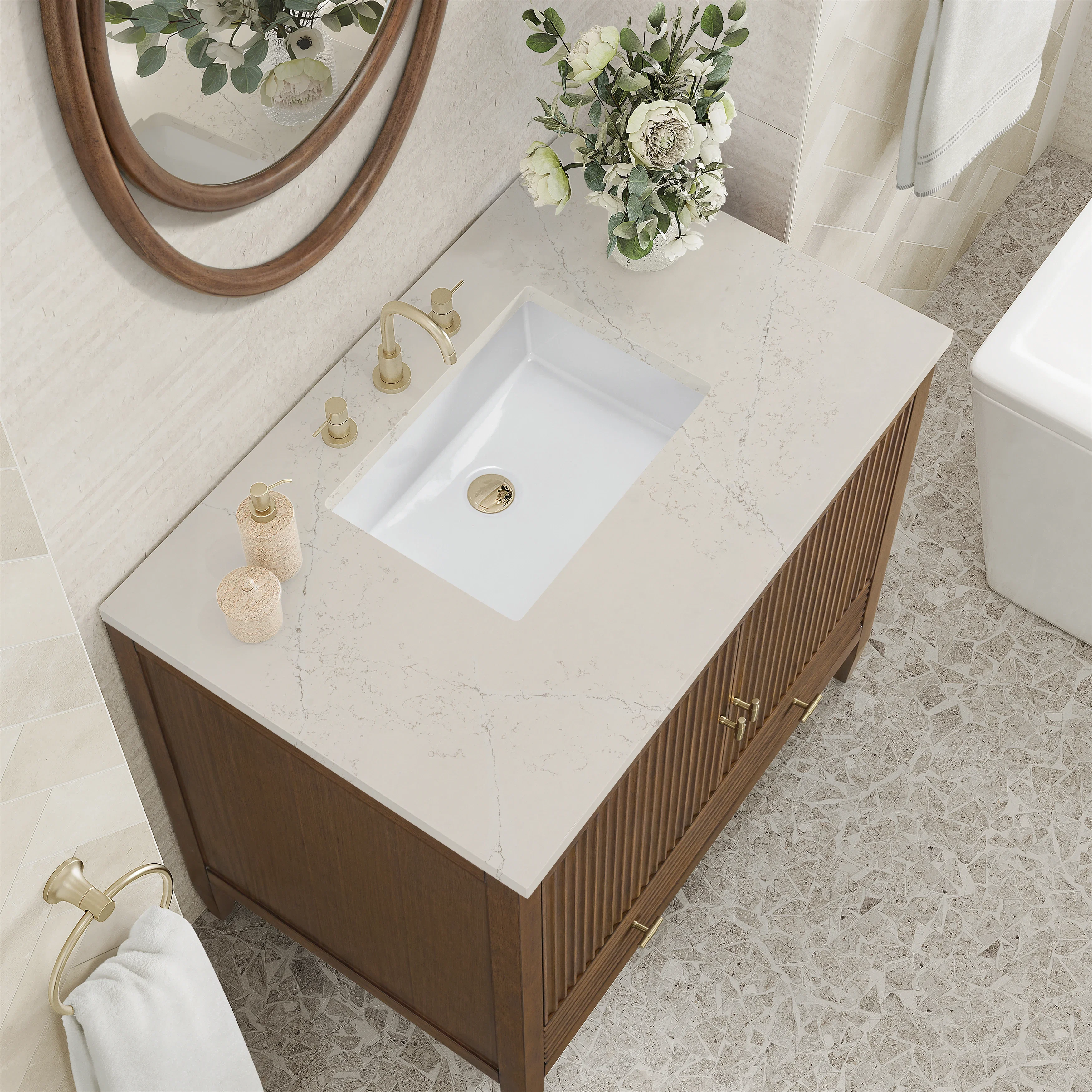 Myrrin 36" Vanity, Mid Century Walnut, w/ 3 CM Siberian Silestone Top