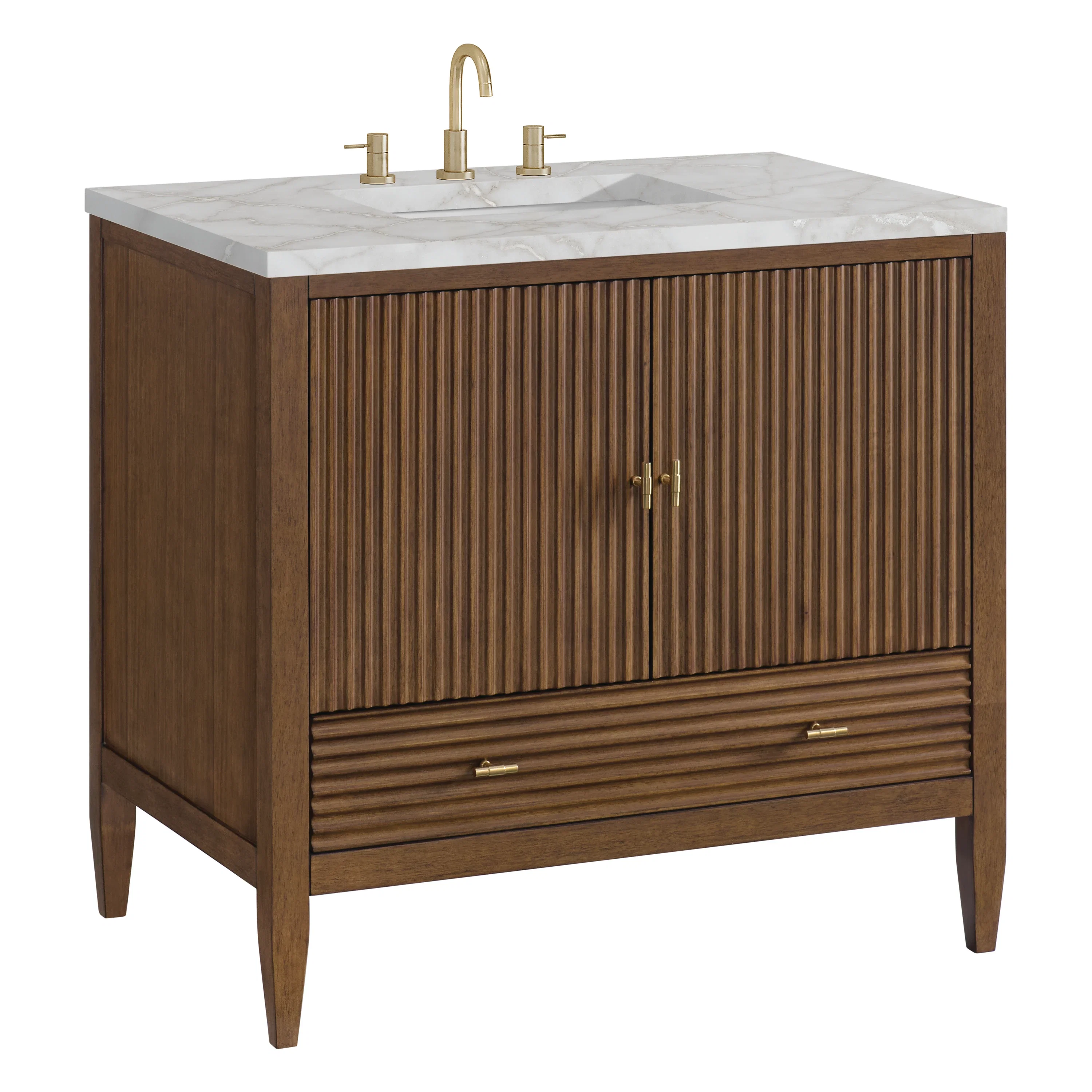 Myrrin 36" Vanity, Mid Century Walnut w/ 3 CM Victorian Silver Silestone Top
