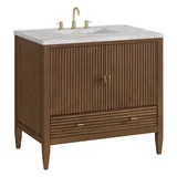 Myrrin 36" Vanity, Mid Century Walnut w/ 3 CM Victorian Silver Silestone Top