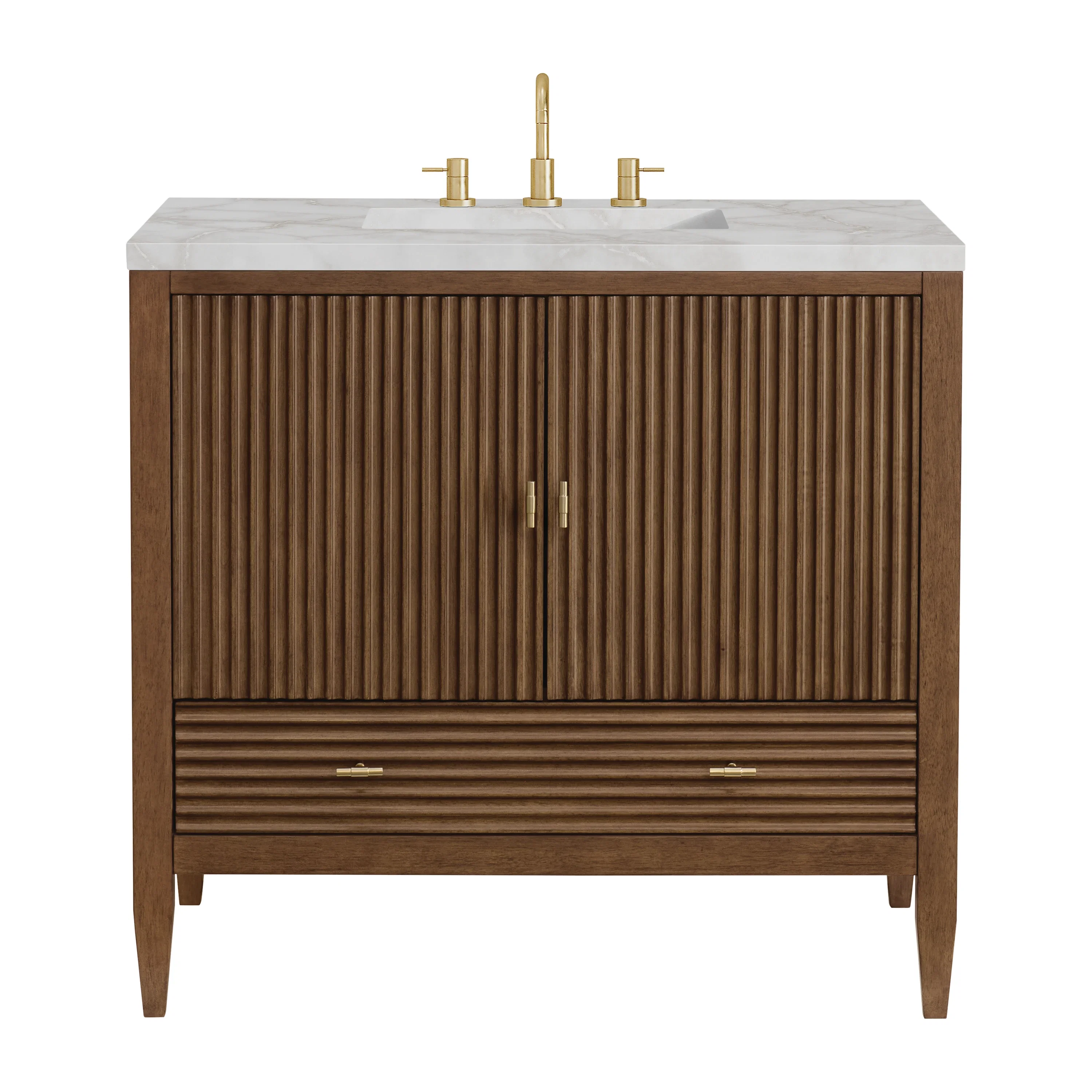 Myrrin 36" Vanity, Mid Century Walnut w/ 3 CM Victorian Silver Silestone Top