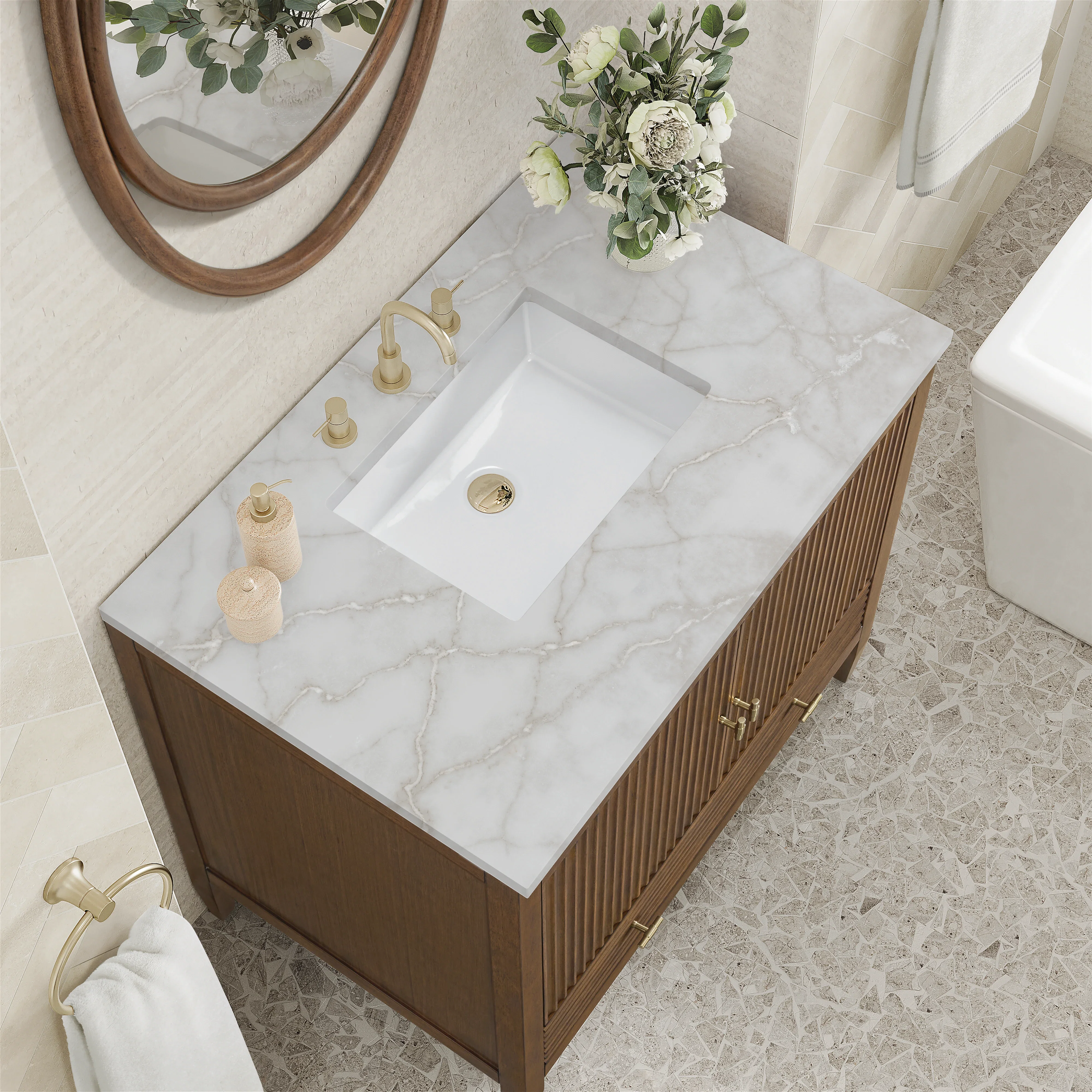 Myrrin 36" Vanity, Mid Century Walnut w/ 3 CM Victorian Silver Silestone Top